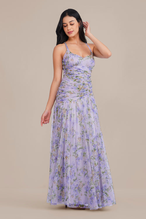 Hosanna Tulle Maxi Dress in Lilac Print