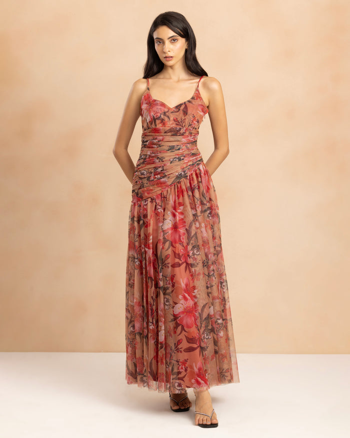Hosanna Tulle Maxi Dress in Red Rose Floral
