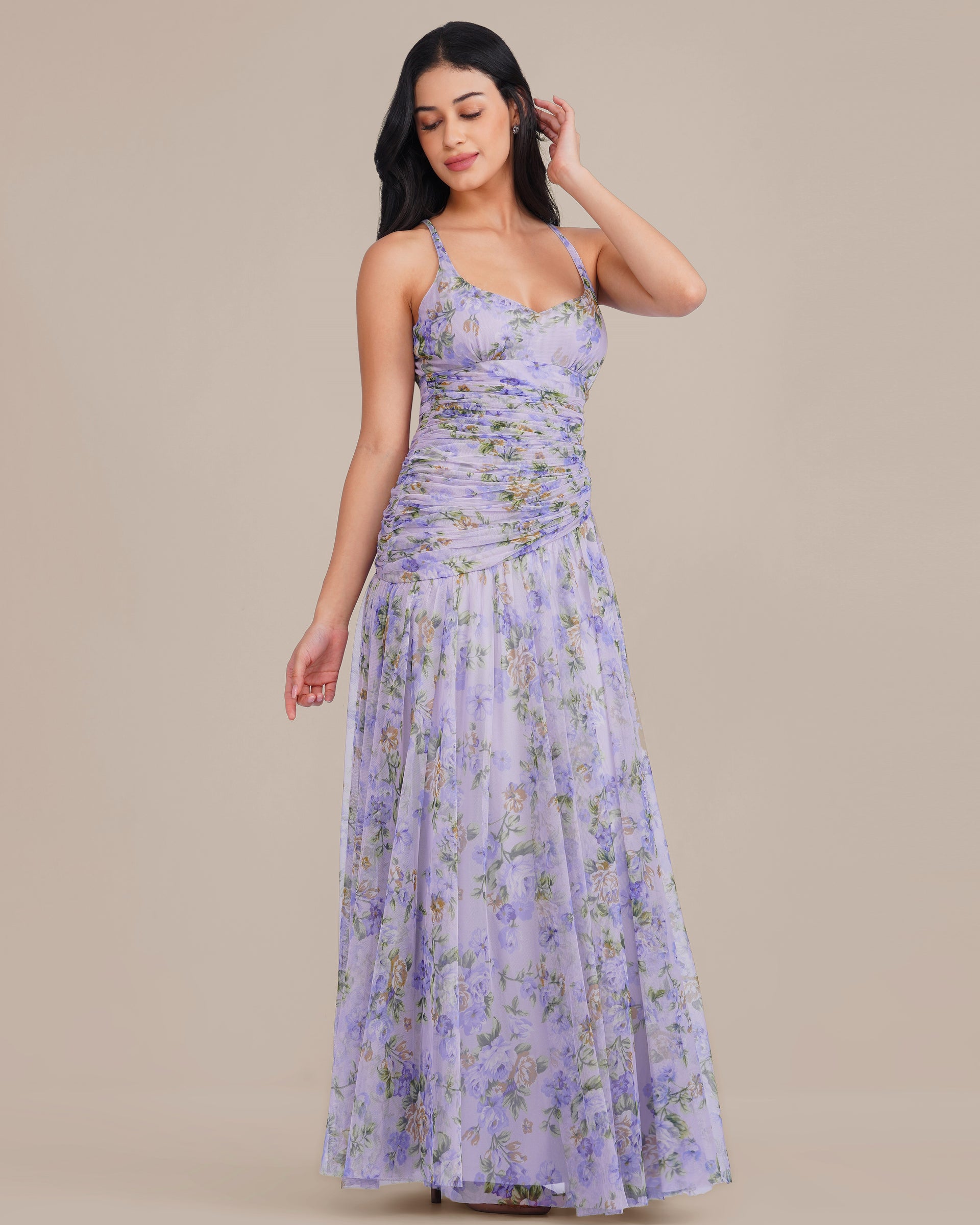 Hosanna Tulle Maxi Dress in Lilac Print