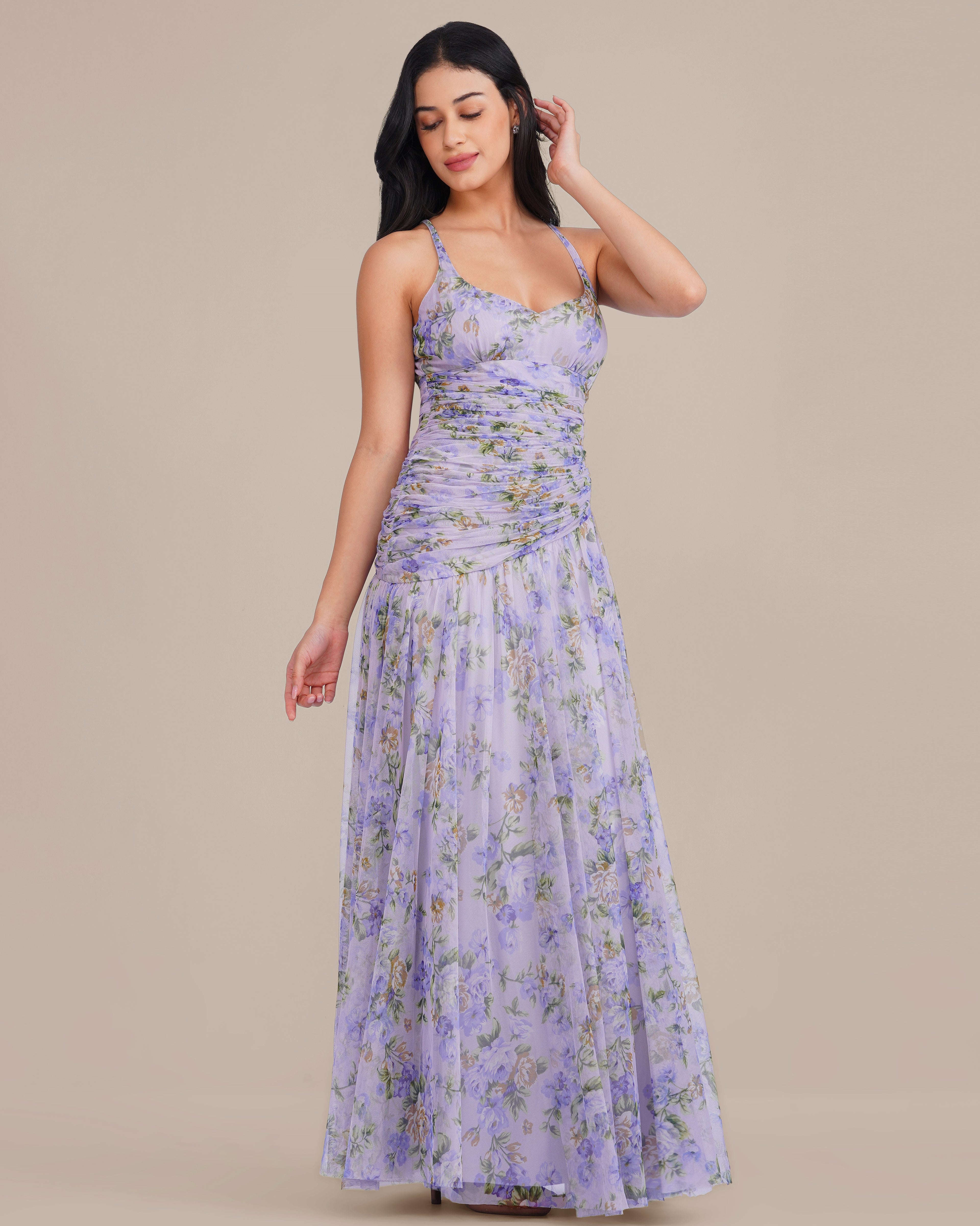 Hosanna Tulle Maxi Dress in Lilac Print