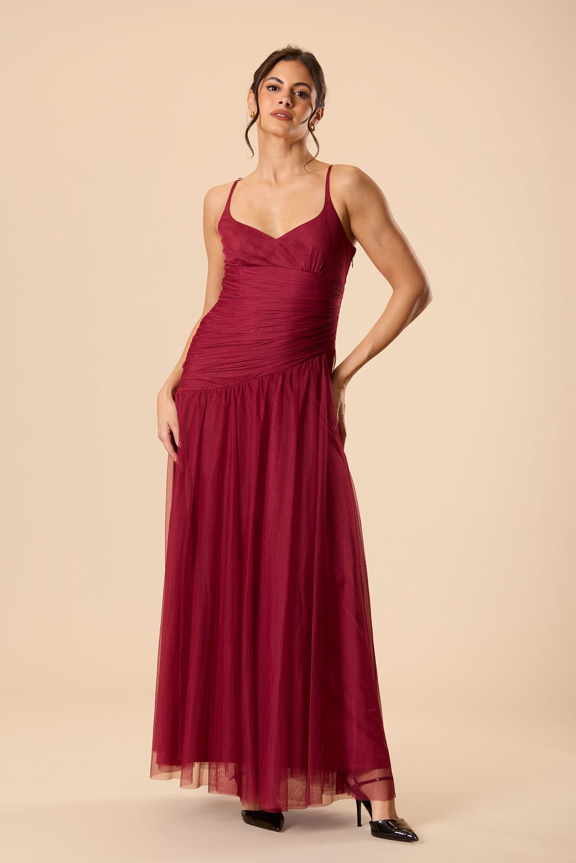Pink Red Burgundy Raspberry Wedding Guest Formal Sweetheart Maxi Tulle Mesh Dress