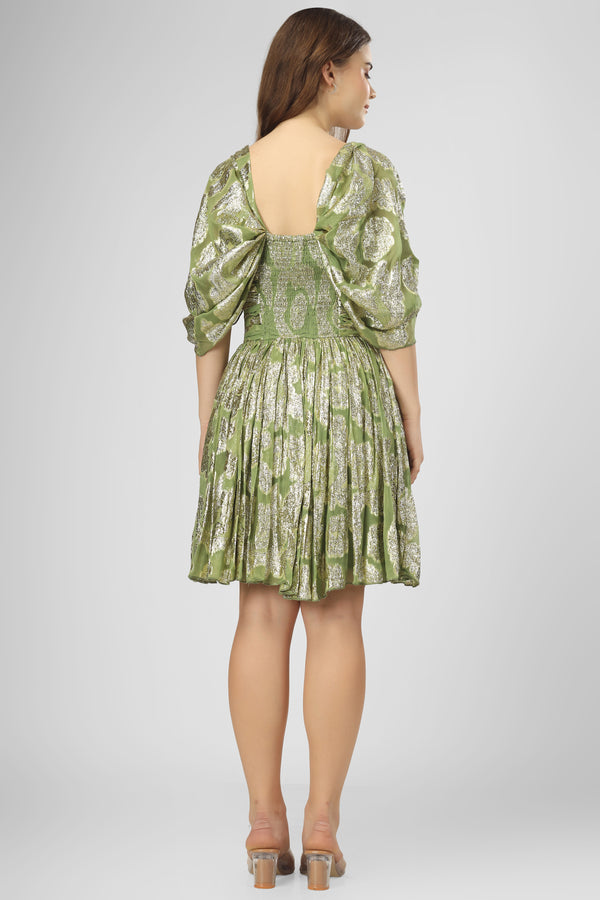 Sydney Metallic Printed Mini Dress in Olive Green