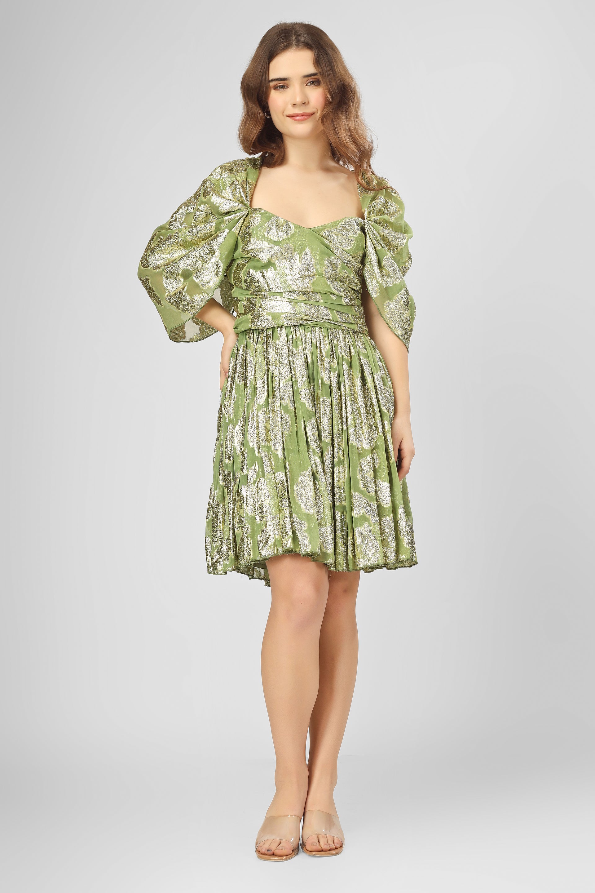 Sydney Metallic Printed Mini Dress in Olive Green