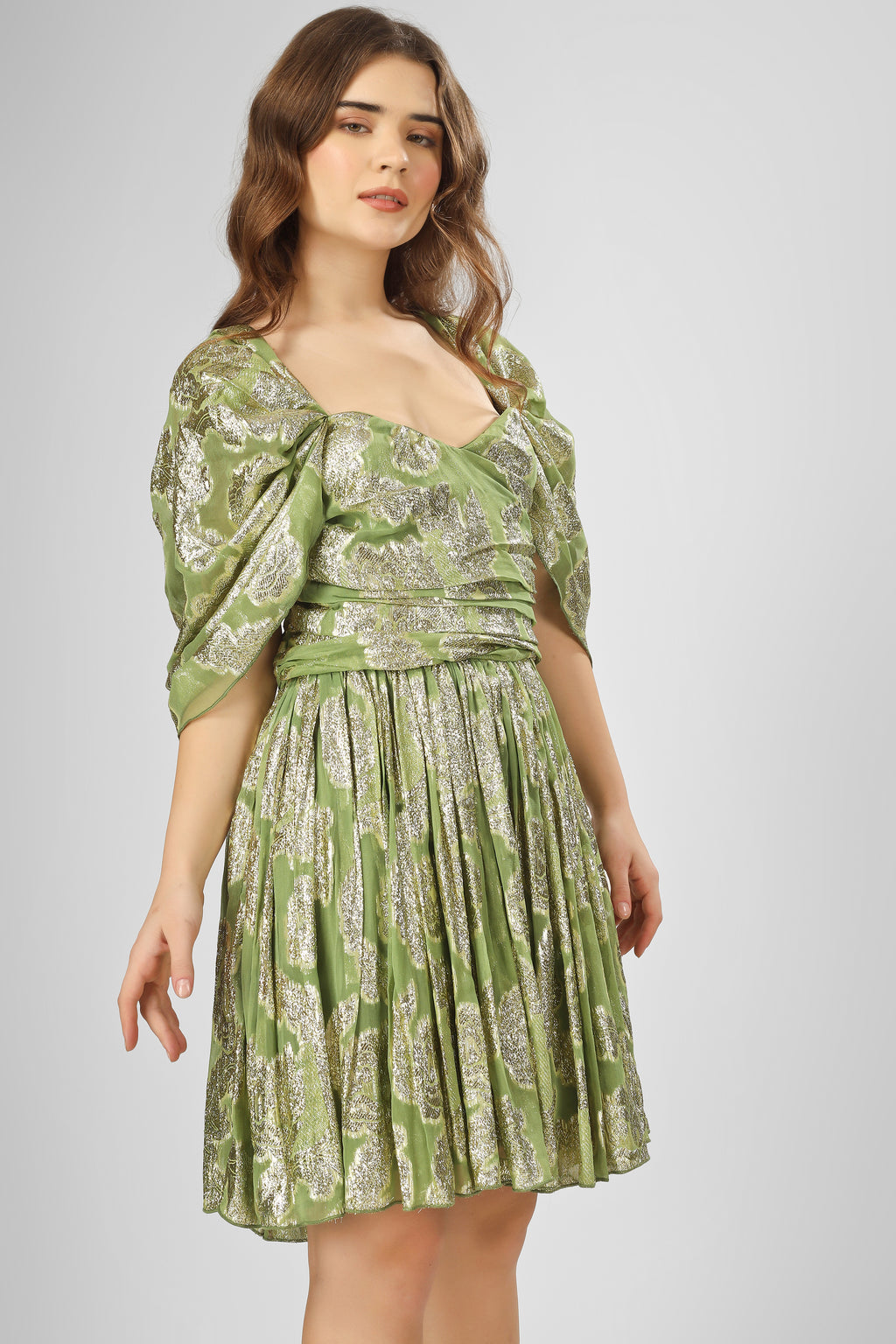 Sydney Metallic Printed Mini Dress in Olive Green
