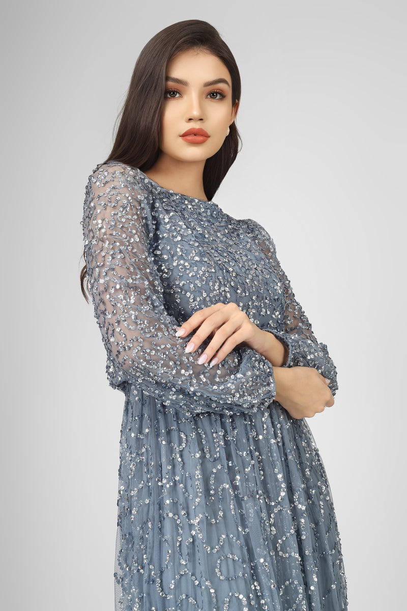 Melissa Long Sleeve Embellished Maxi Dress in Blue