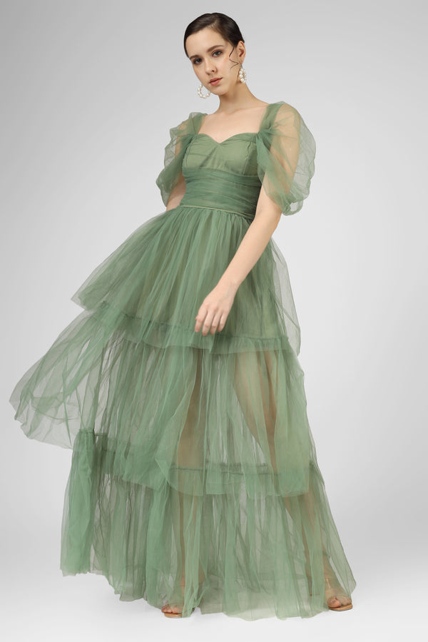 Sydney Off Shoulder Tulle Maxi Dress in Dark Sage