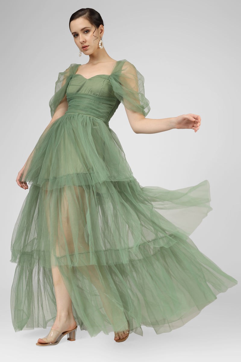 Sydney Off Shoulder Tulle Maxi Dress in Emerald Green – Lace & Beads