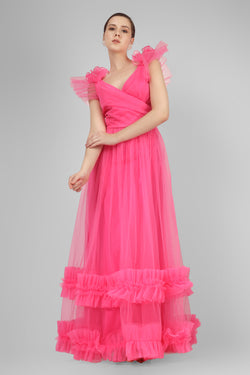 Nova Pink Tulle Corsage Maxi Dress