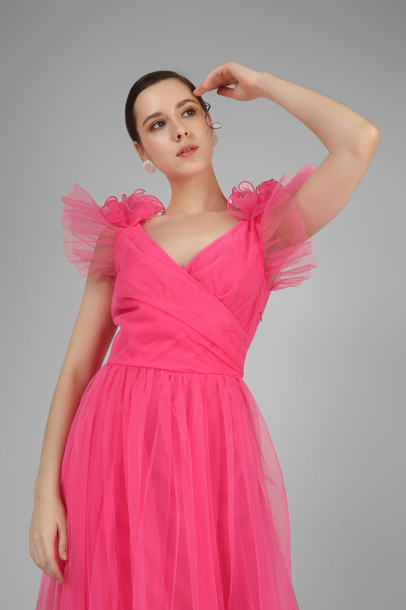 Nova Pink Tulle Corsage Maxi Dress