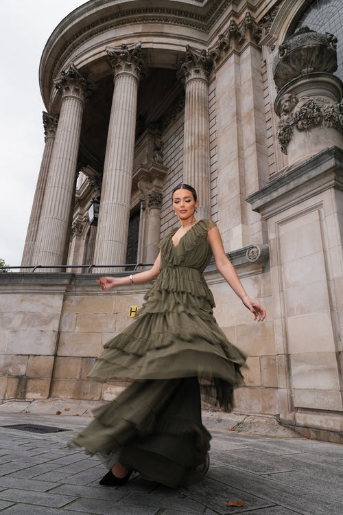Alexandra Tulle Maxi Dress in Deep Olive