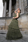 layered tulle green maxi dress v-neckline