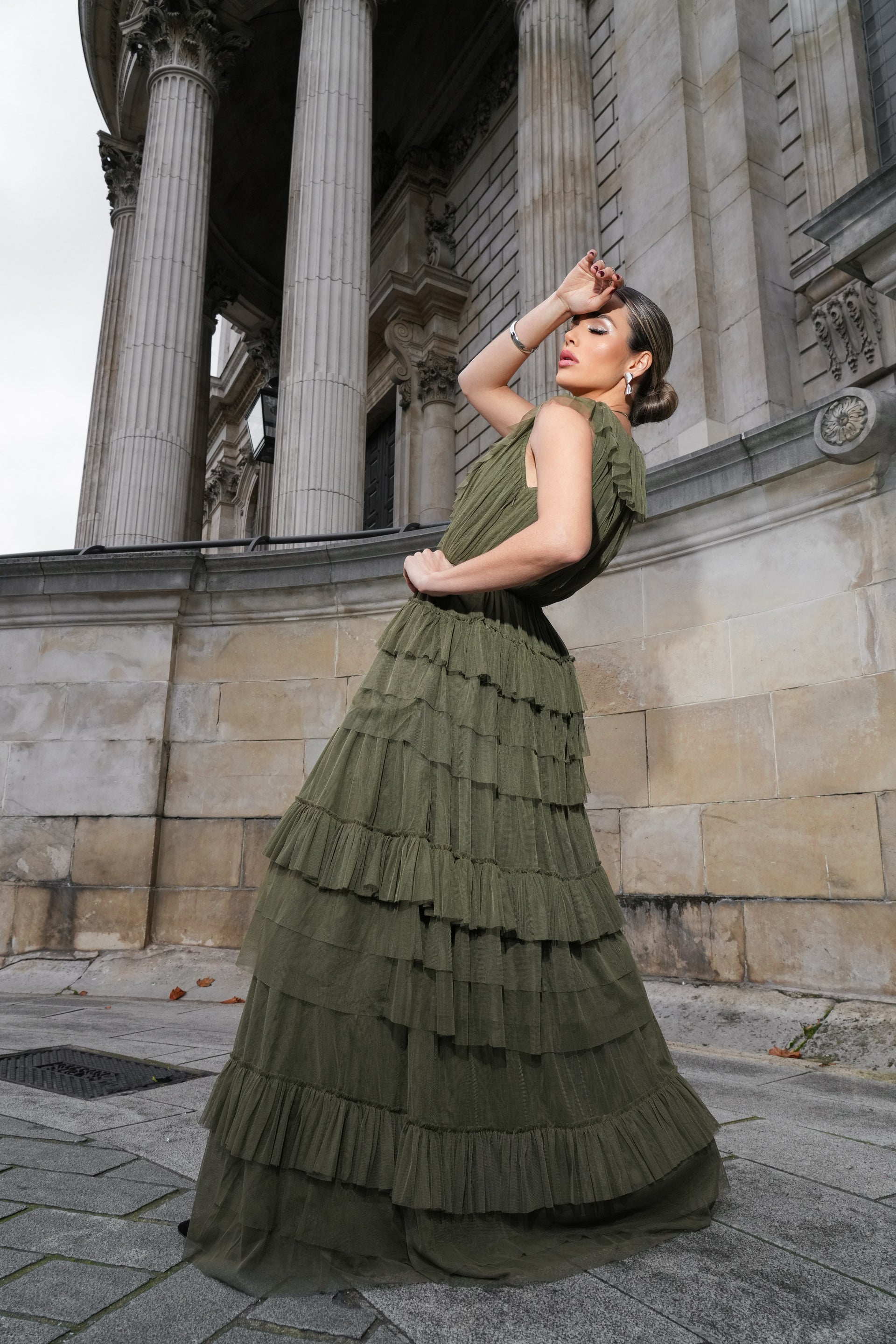 layered tulle green maxi dress v-neckline