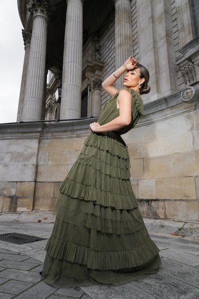 Alexandra Tulle Maxi Dress in Deep Olive – Lace & Beads