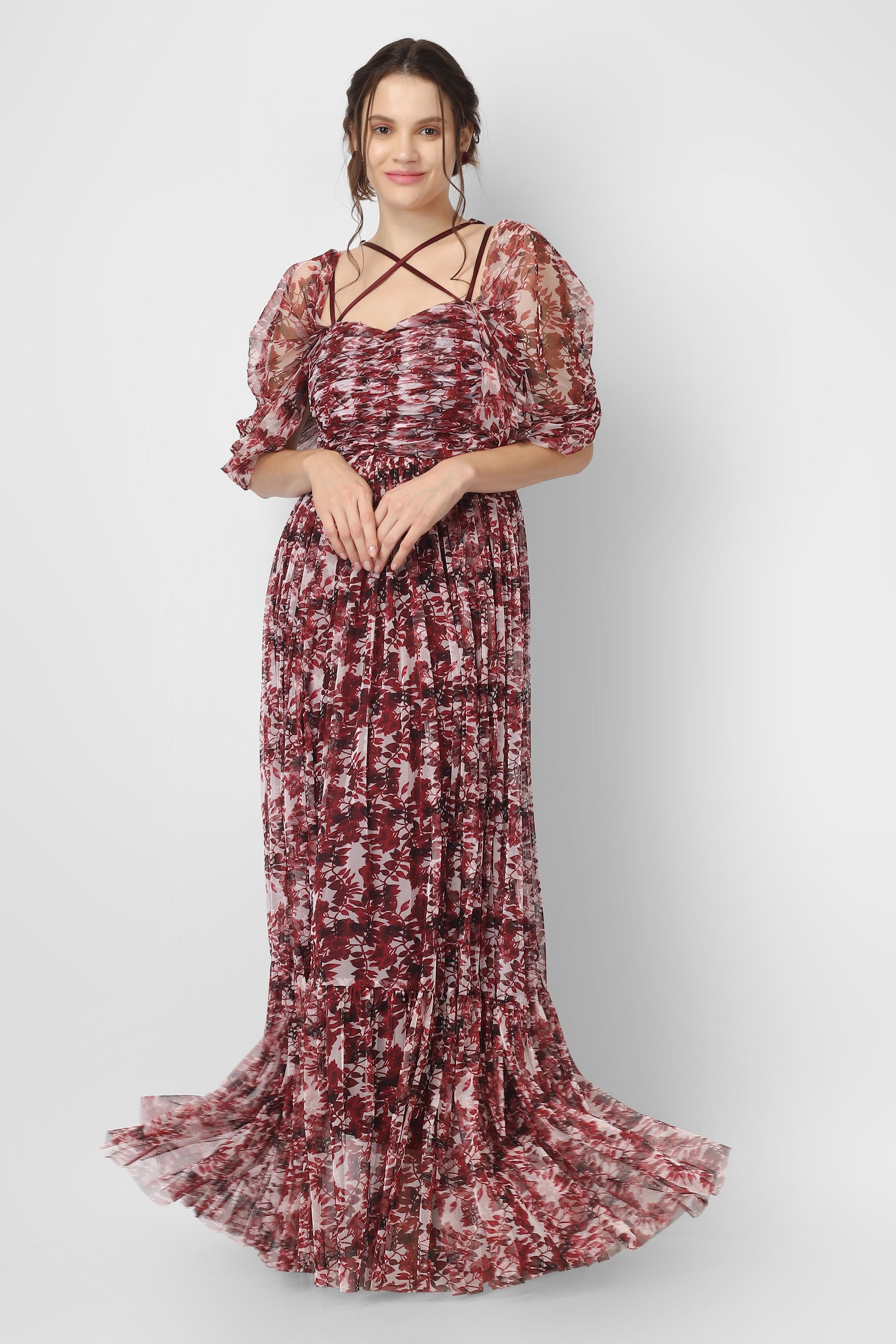 Alicia Tulle Maxi in Burgundy Print