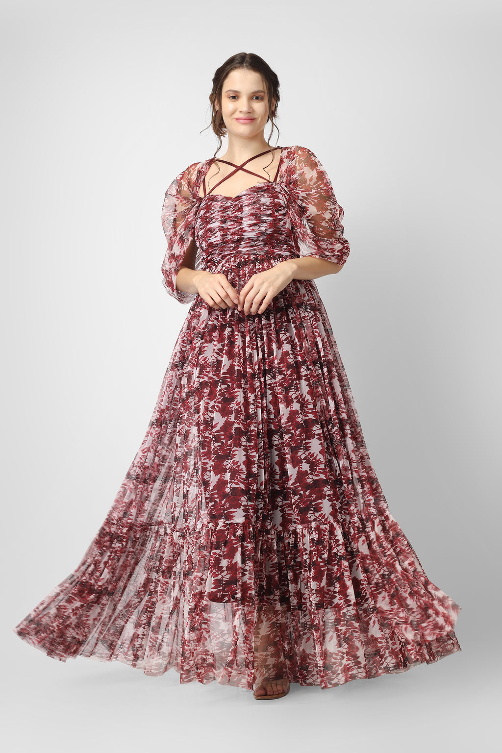 Alicia Tulle Maxi in Burgundy Print