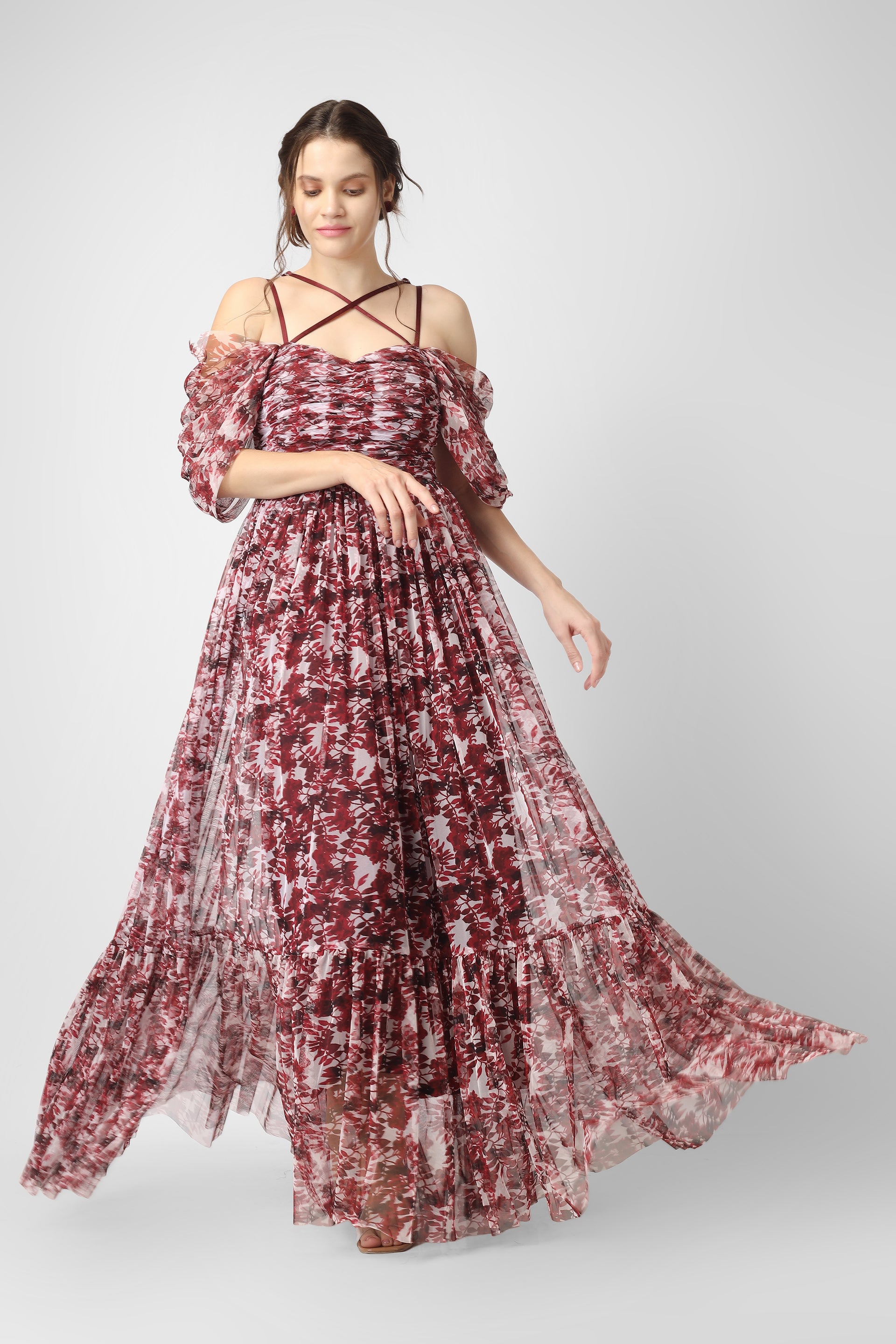 Alicia Tulle Maxi in Burgundy Print