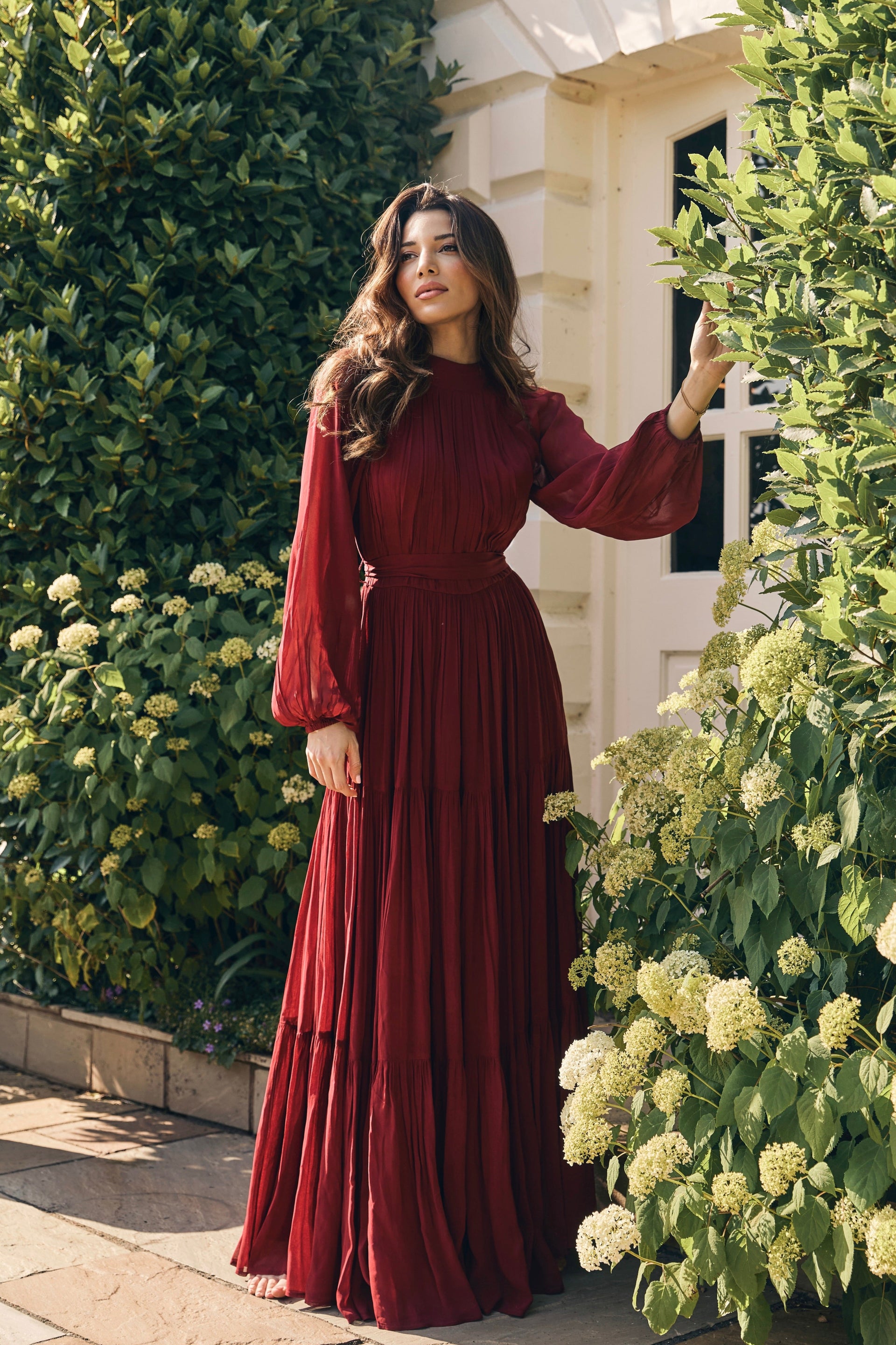 Violetta Maxi Dress in Burgundy – Lace & Beads