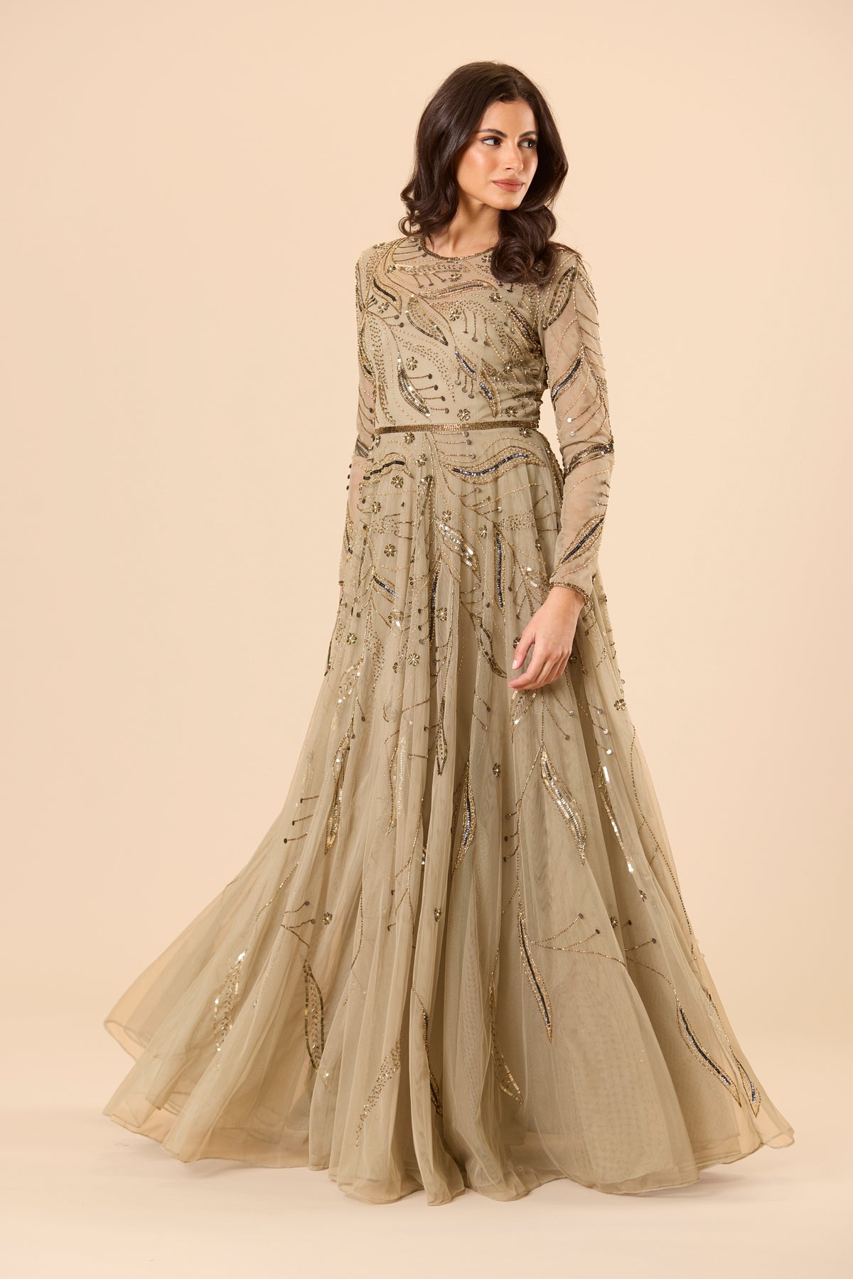 lace and beads maxi dress Lace & Beads Plus tulle maxi dress in beige floral