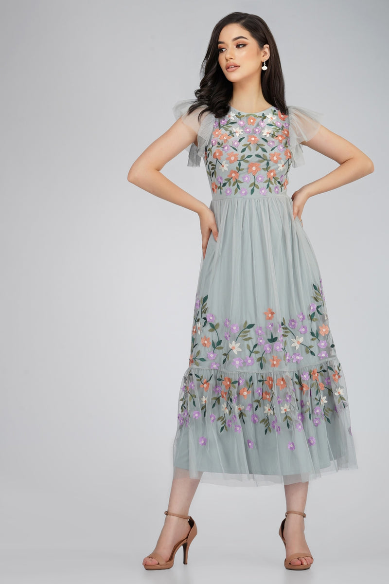 Iris Dusty Blue Embroidered Dress