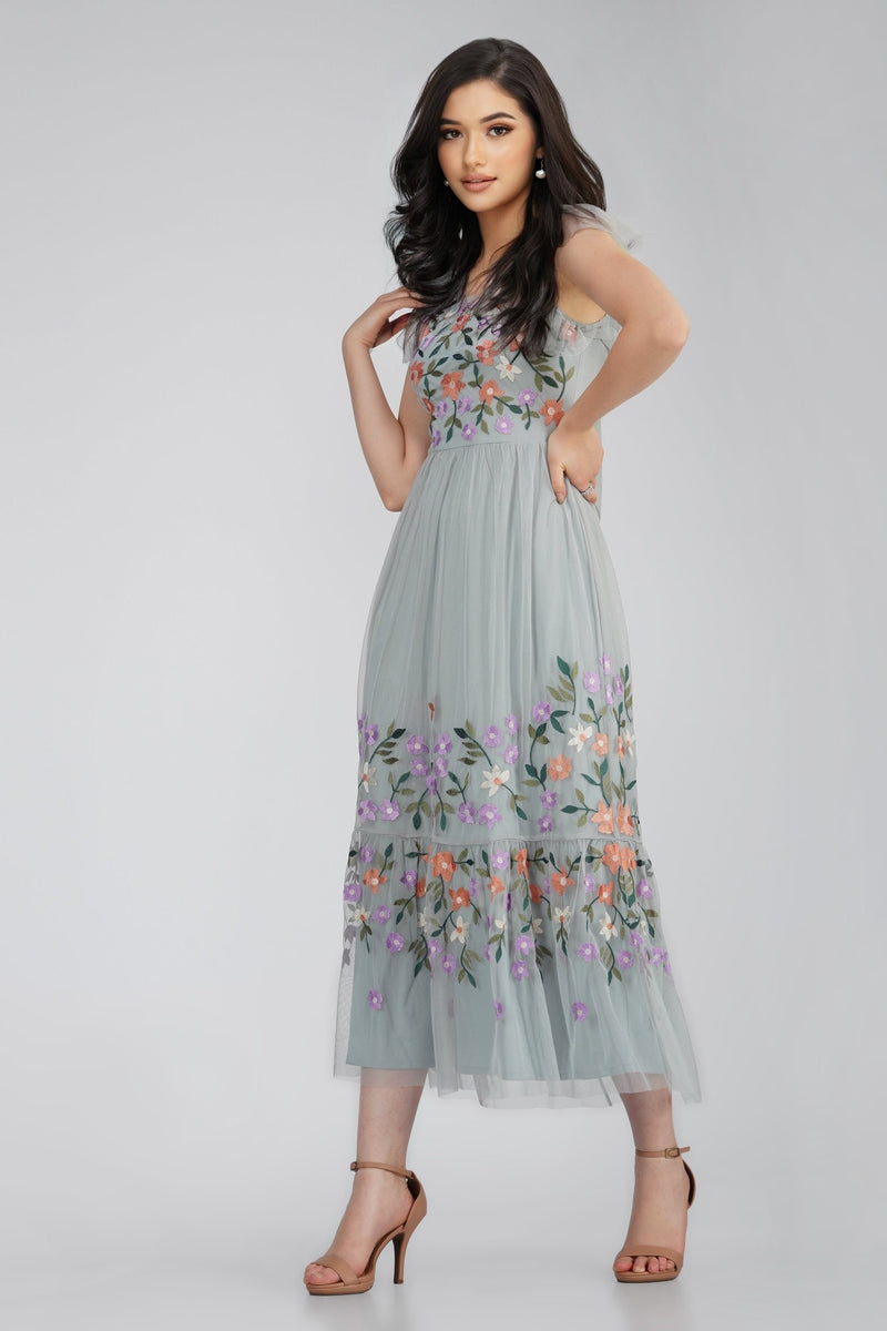 Iris Dusty Blue Embroidered Dress – Lace & Beads