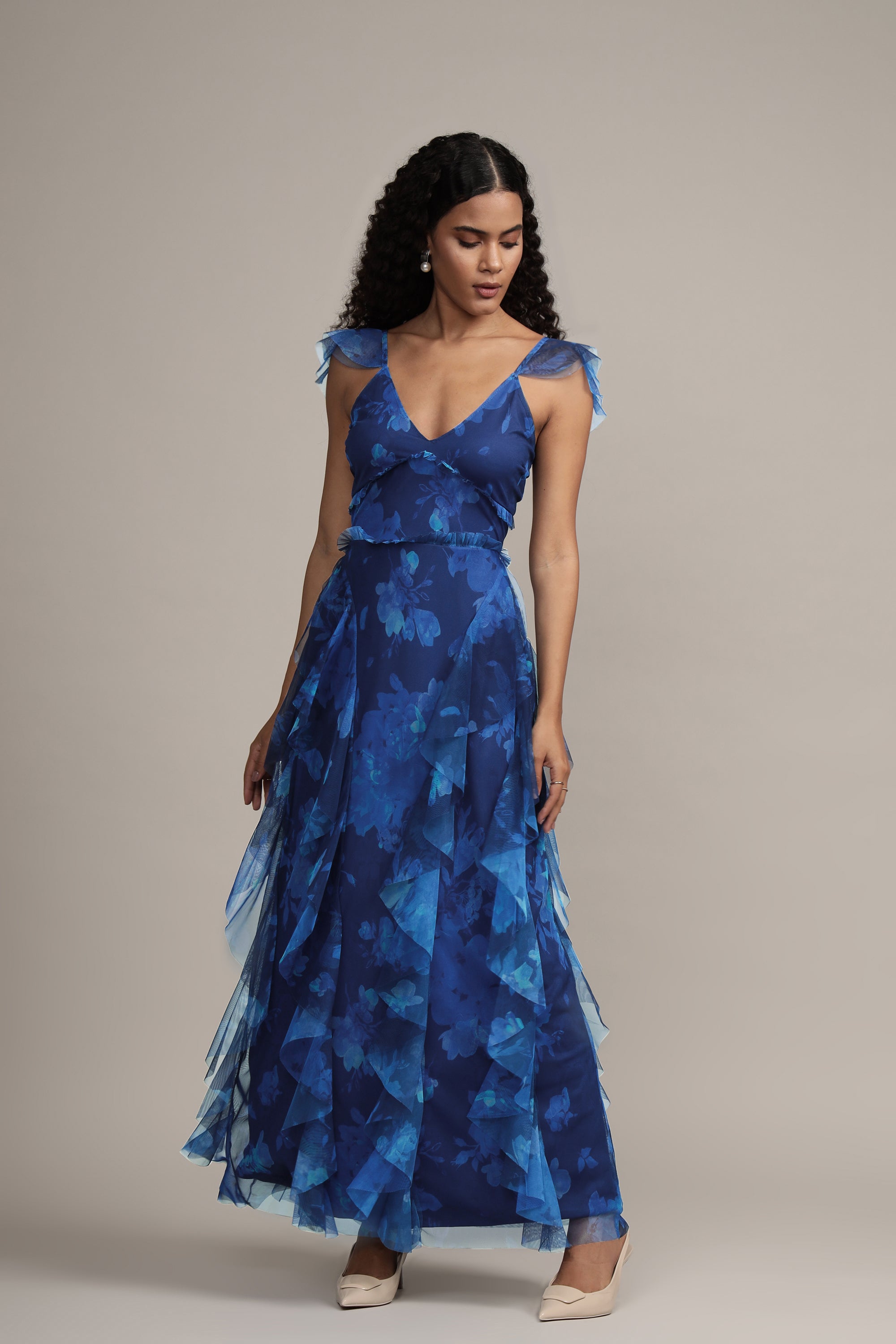  cobalt blue ruffle tulle maxi dress short-sleeve
