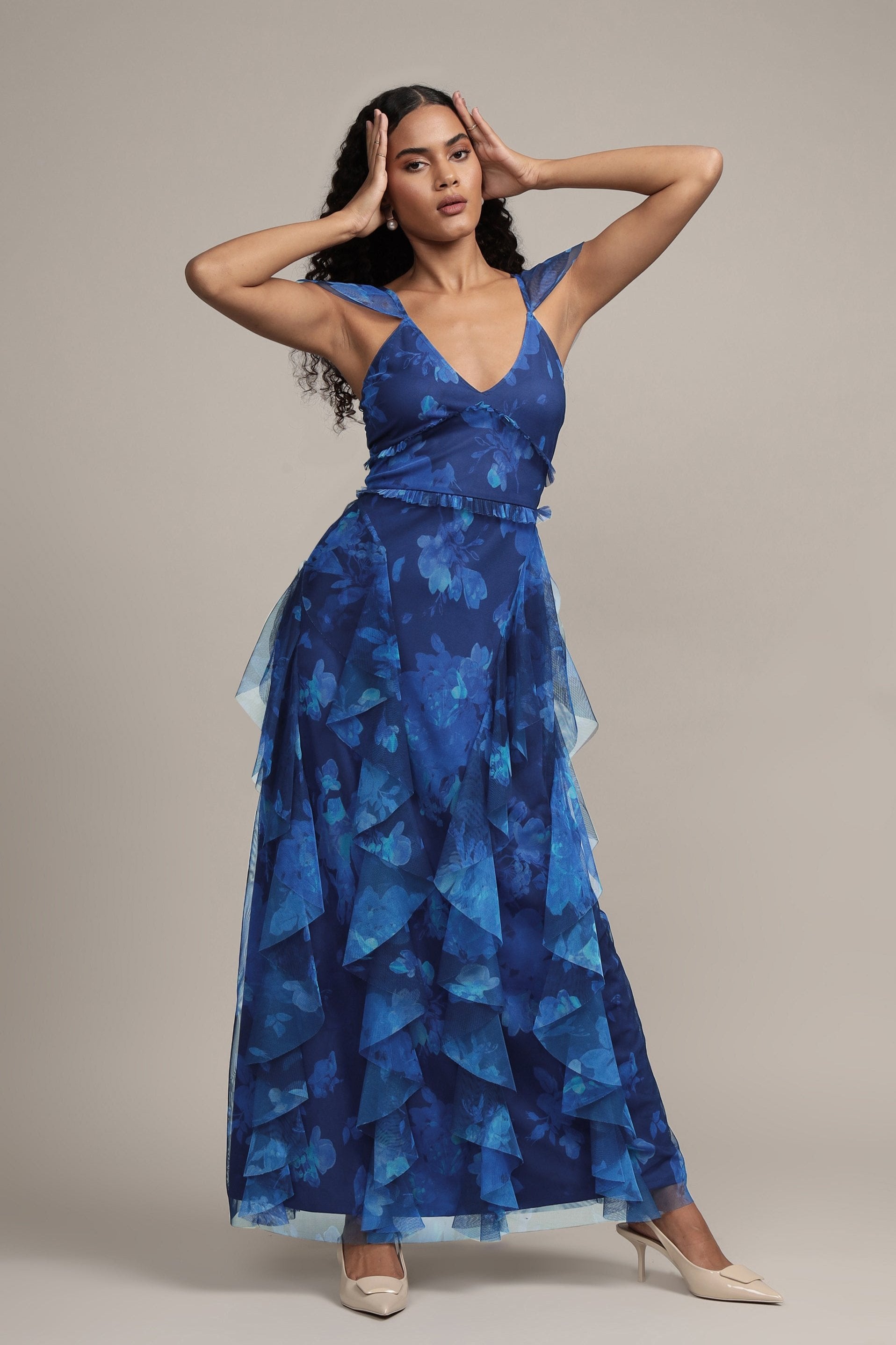 Malin Tulle Maxi Dress in Cobalt Floral