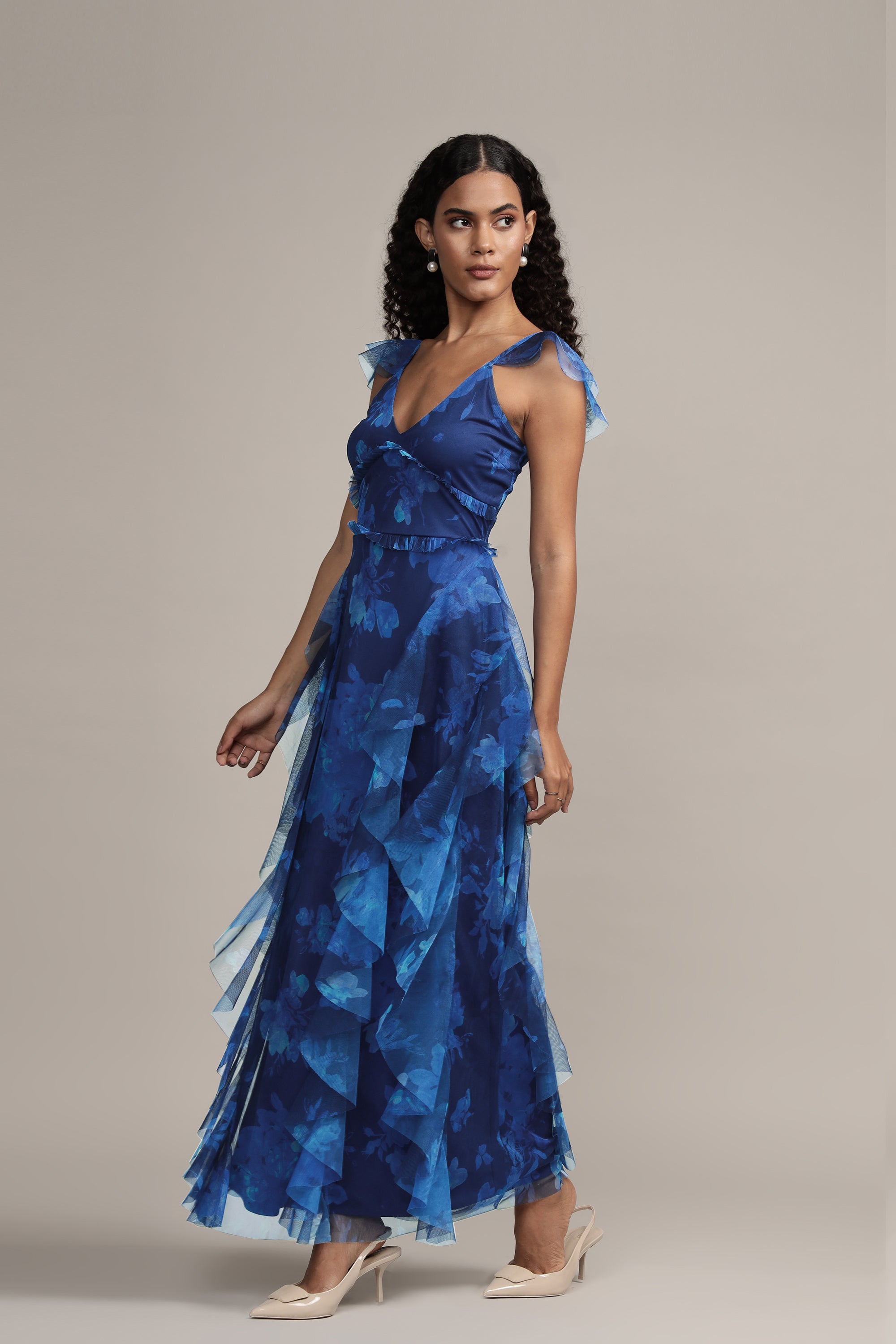 Malin Tulle Maxi Dress in Cobalt Floral