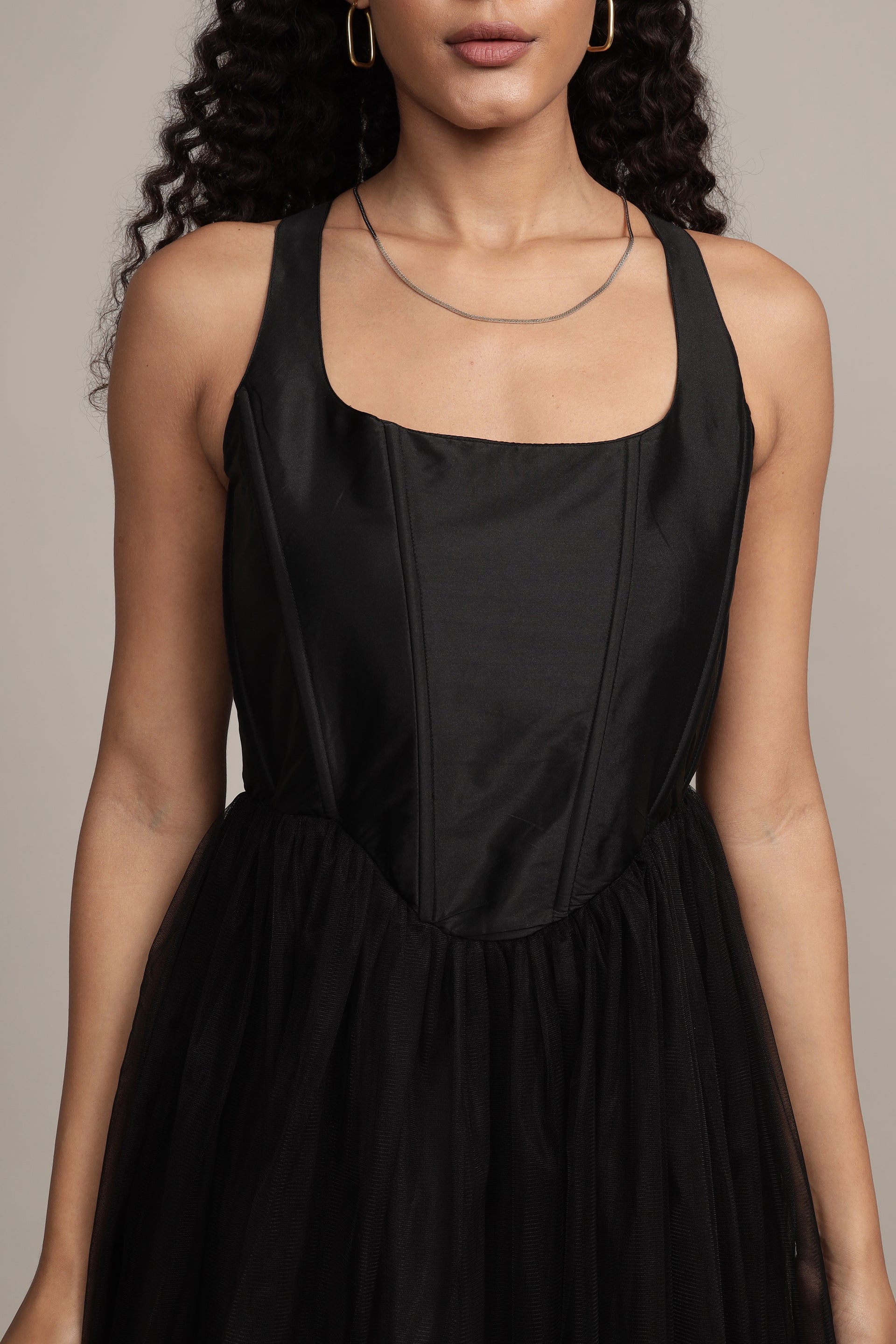 Gaela Tulle Midi Dress in Black