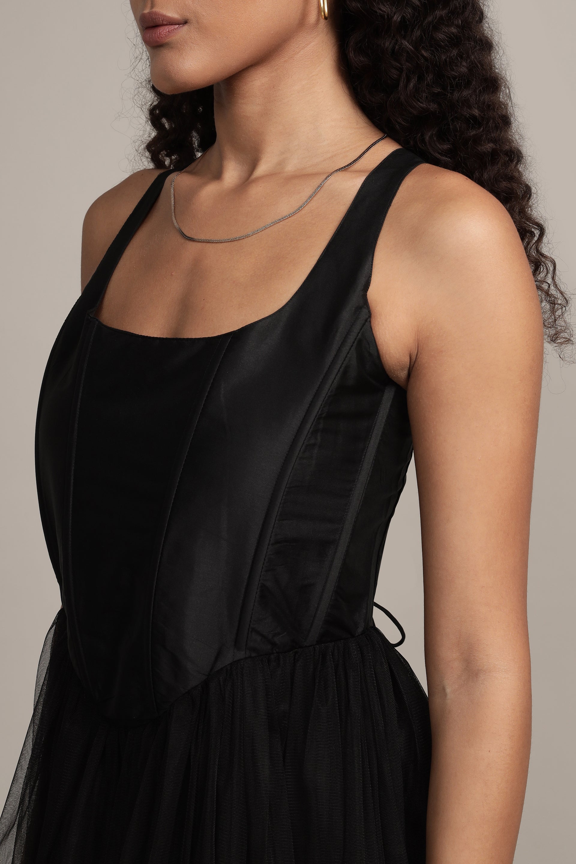 Gaela Tulle Midi Dress in Black