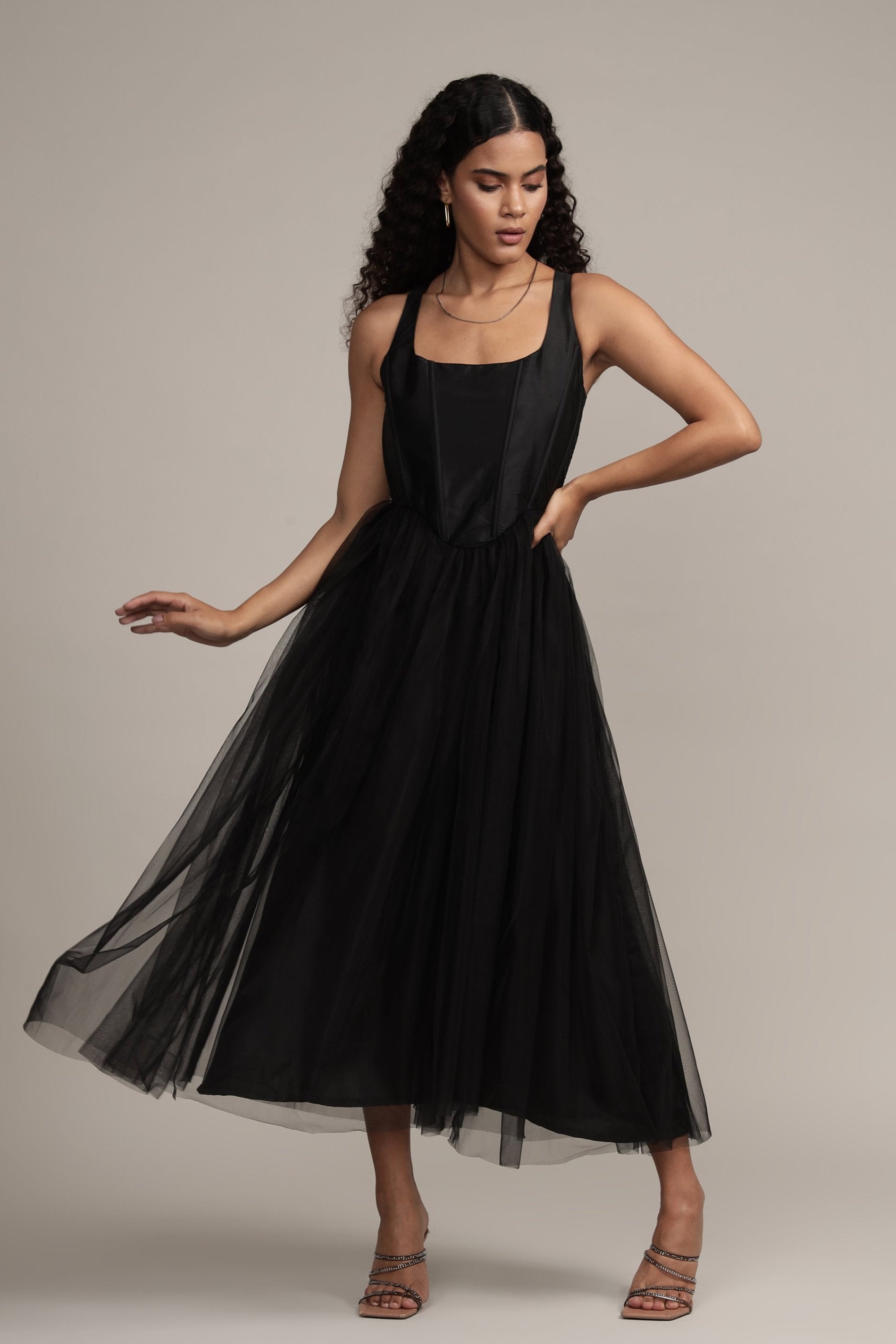 Gaela Tulle Midi Dress in Black
