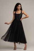 Gaela Tulle Midi Dress in Black