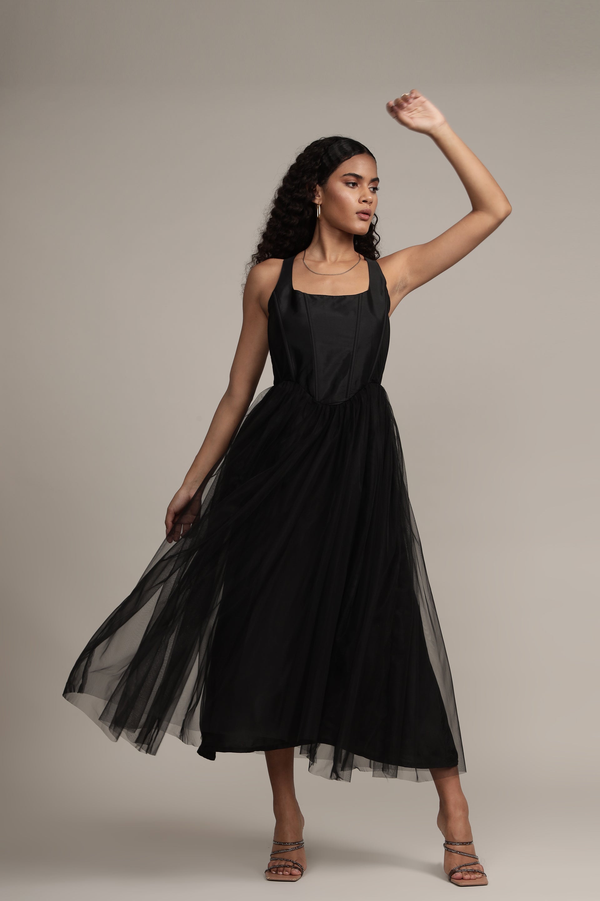 Gaela Tulle Midi Dress in Black