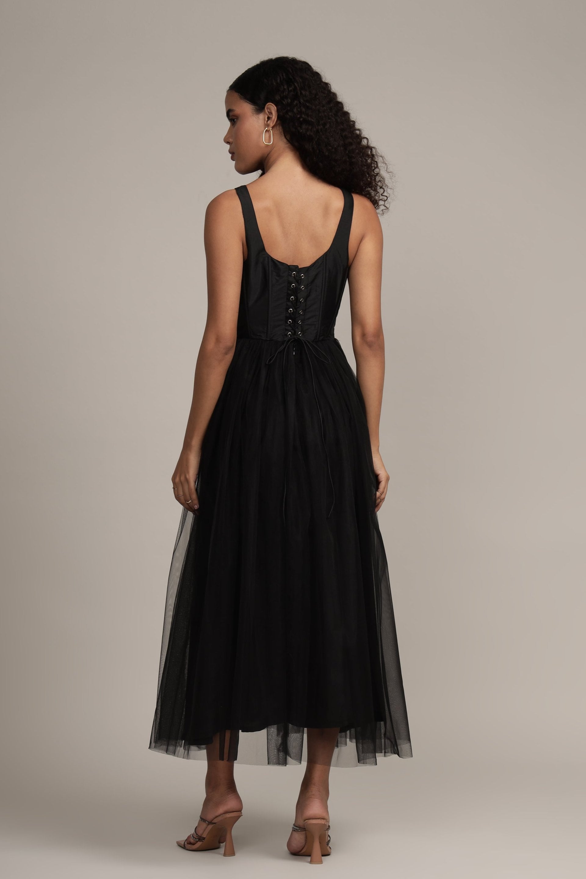 Gaela Tulle Midi Dress in Black