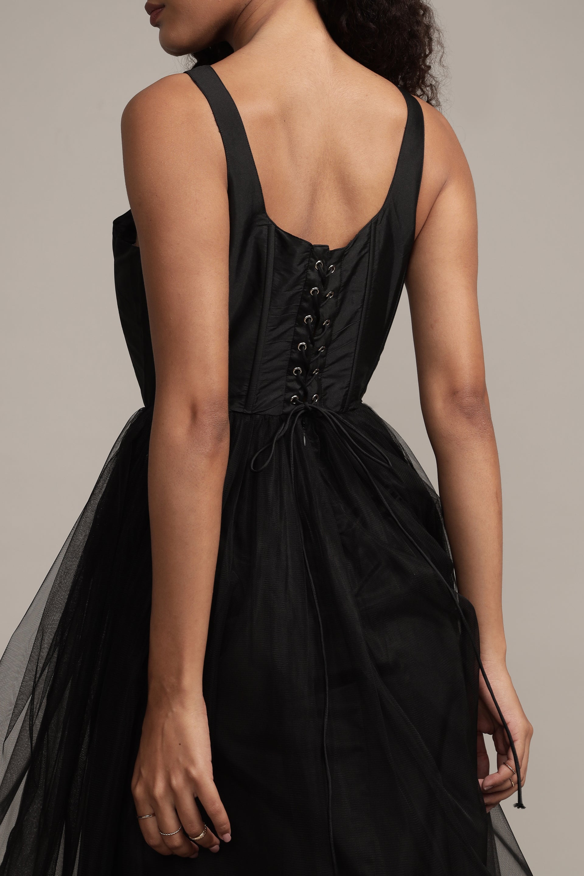 Gaela Tulle Midi Dress in Black
