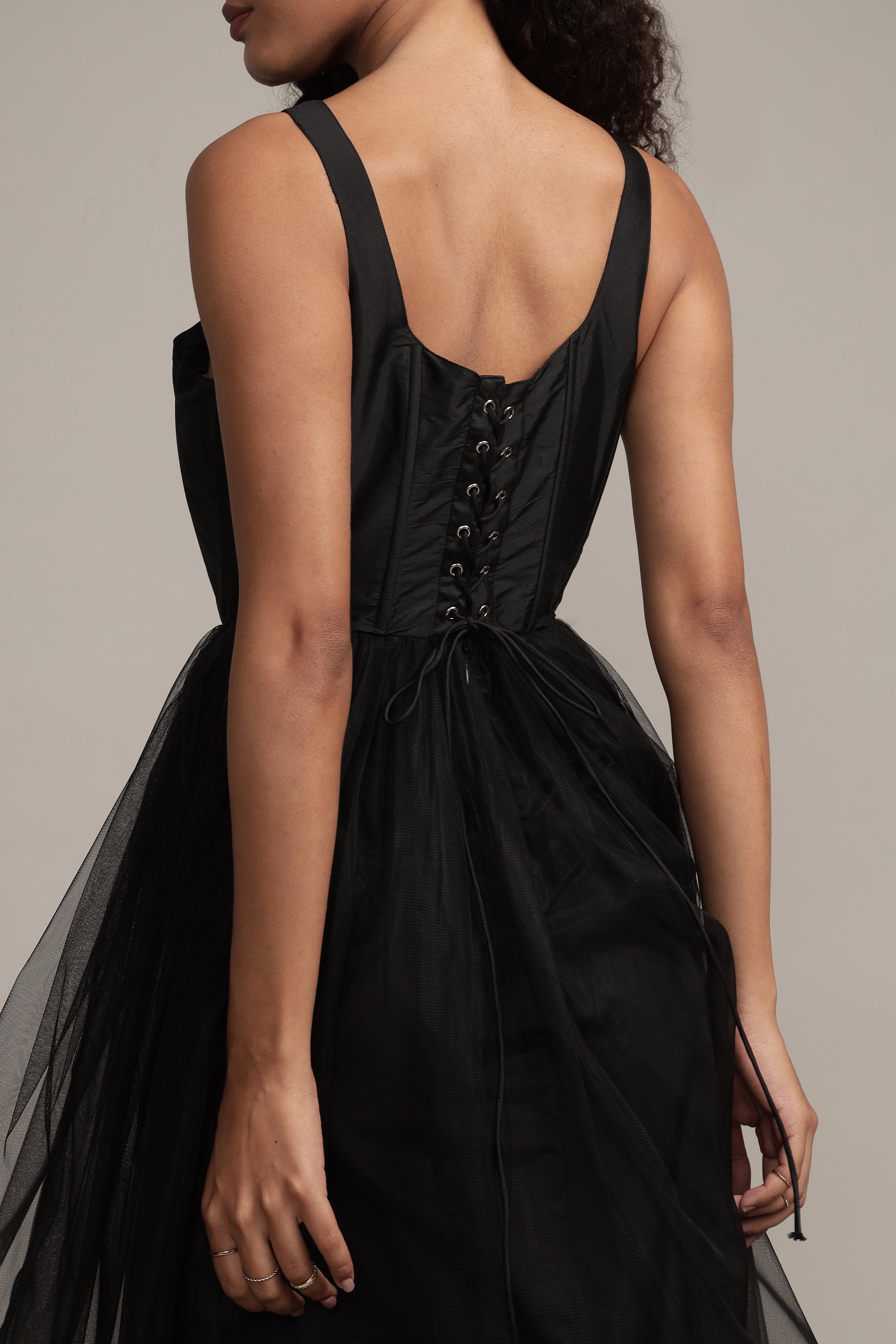 Gaela Tulle Midi Dress in Black