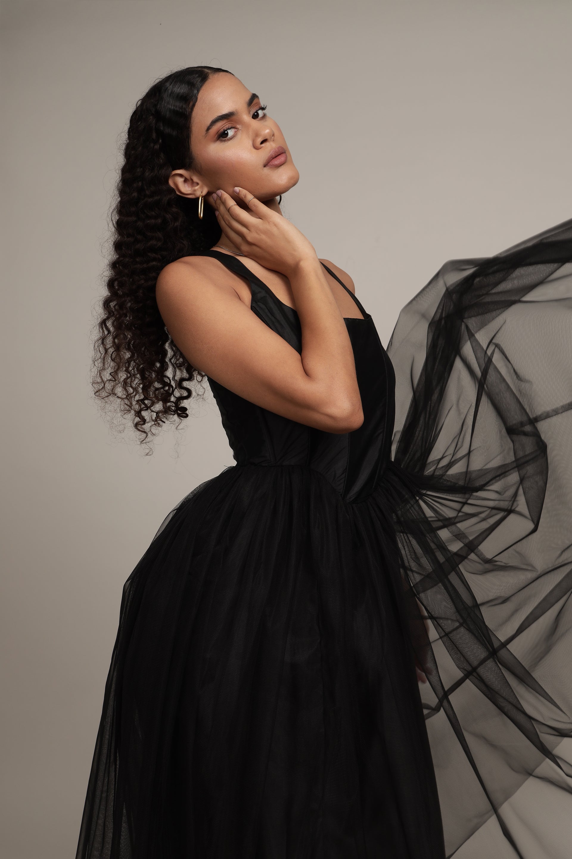 Gaela Tulle Midi Dress in Black