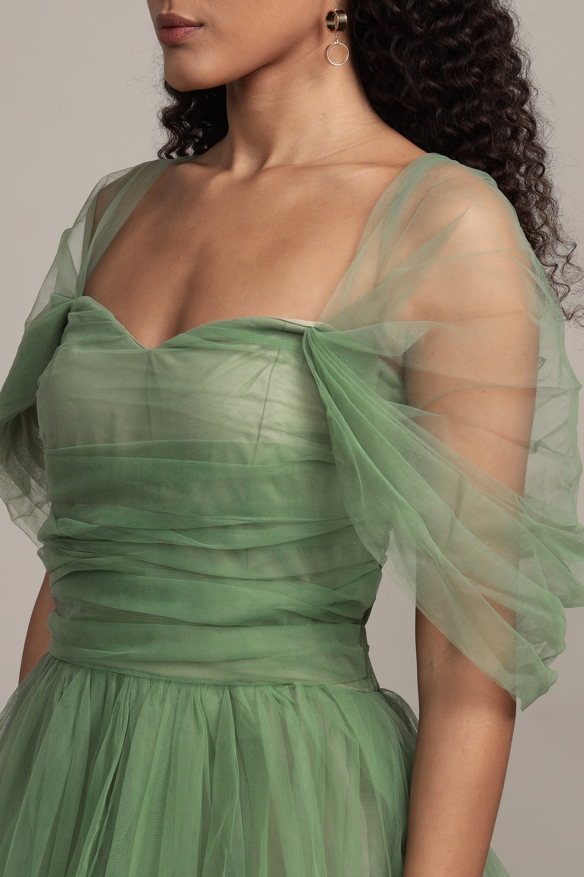 Sydney Off Shoulder Tulle Maxi Dress in Dark Sage