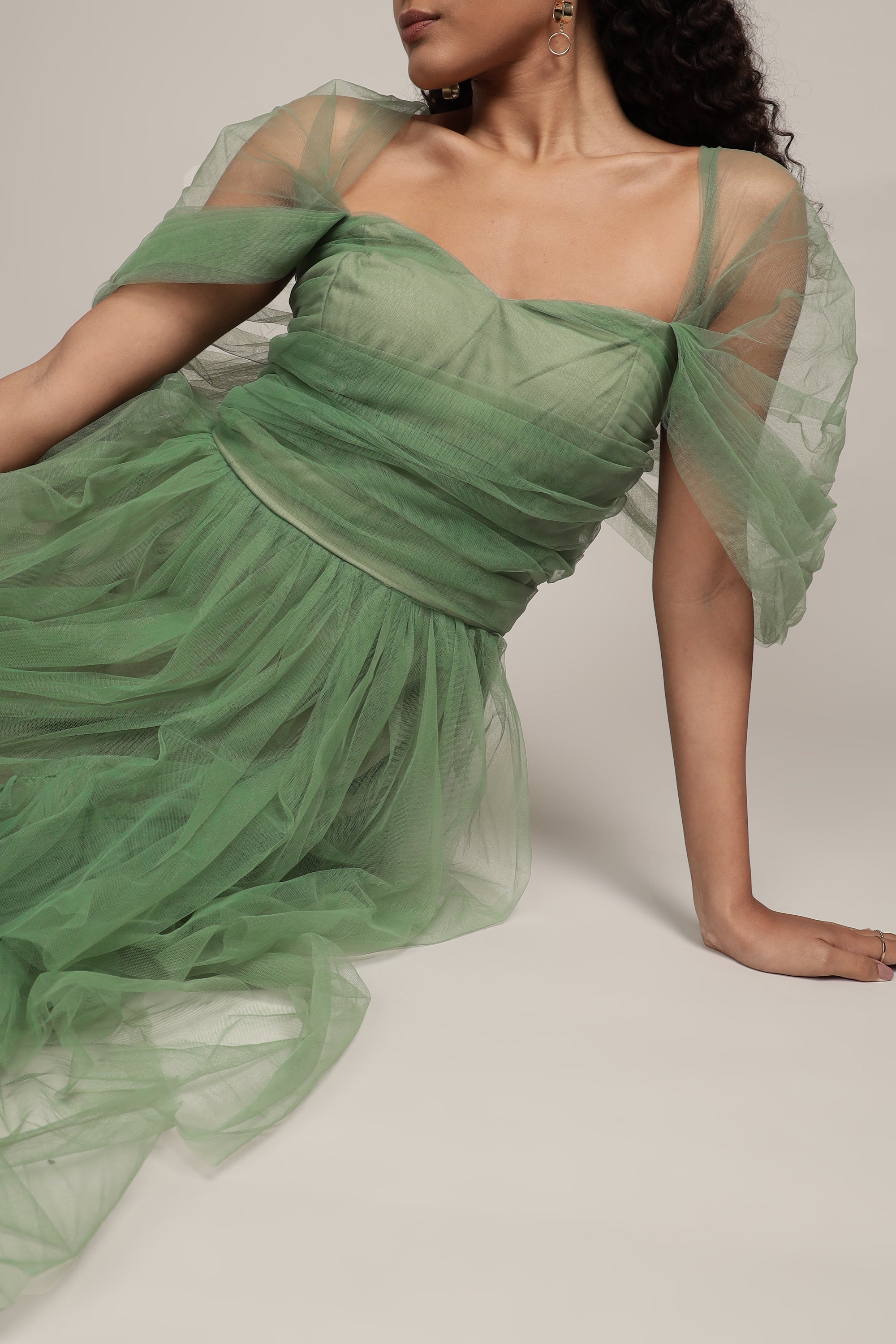 Sydney Off Shoulder Tulle Maxi Dress in Dark Sage