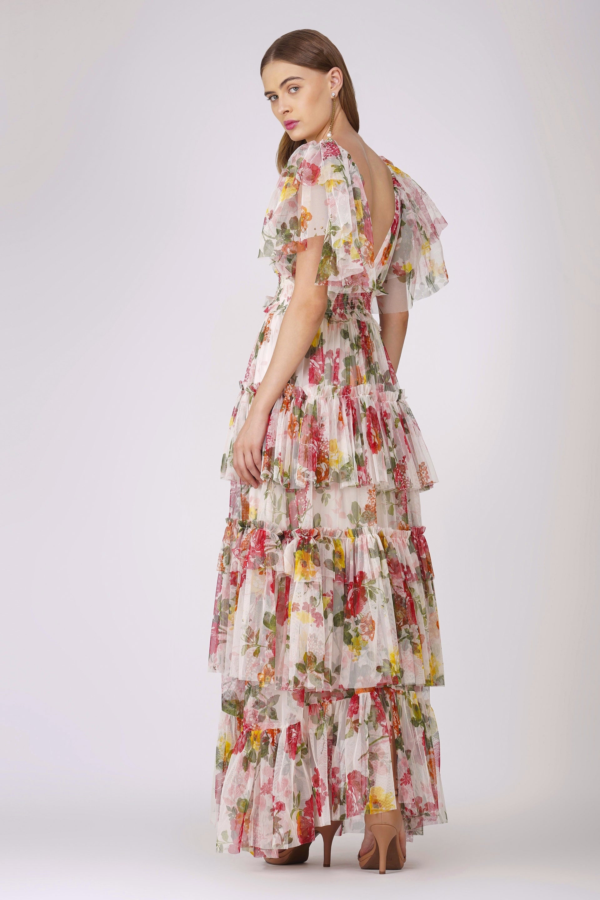 Jasmine Soft Tulle Maxi Dress in Floral Print