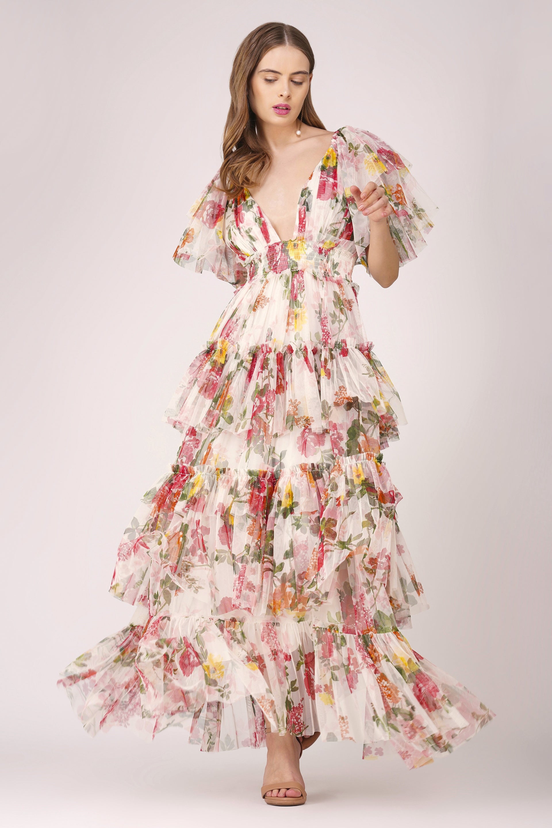 Jasmine Soft Tulle Maxi Dress in Floral Print