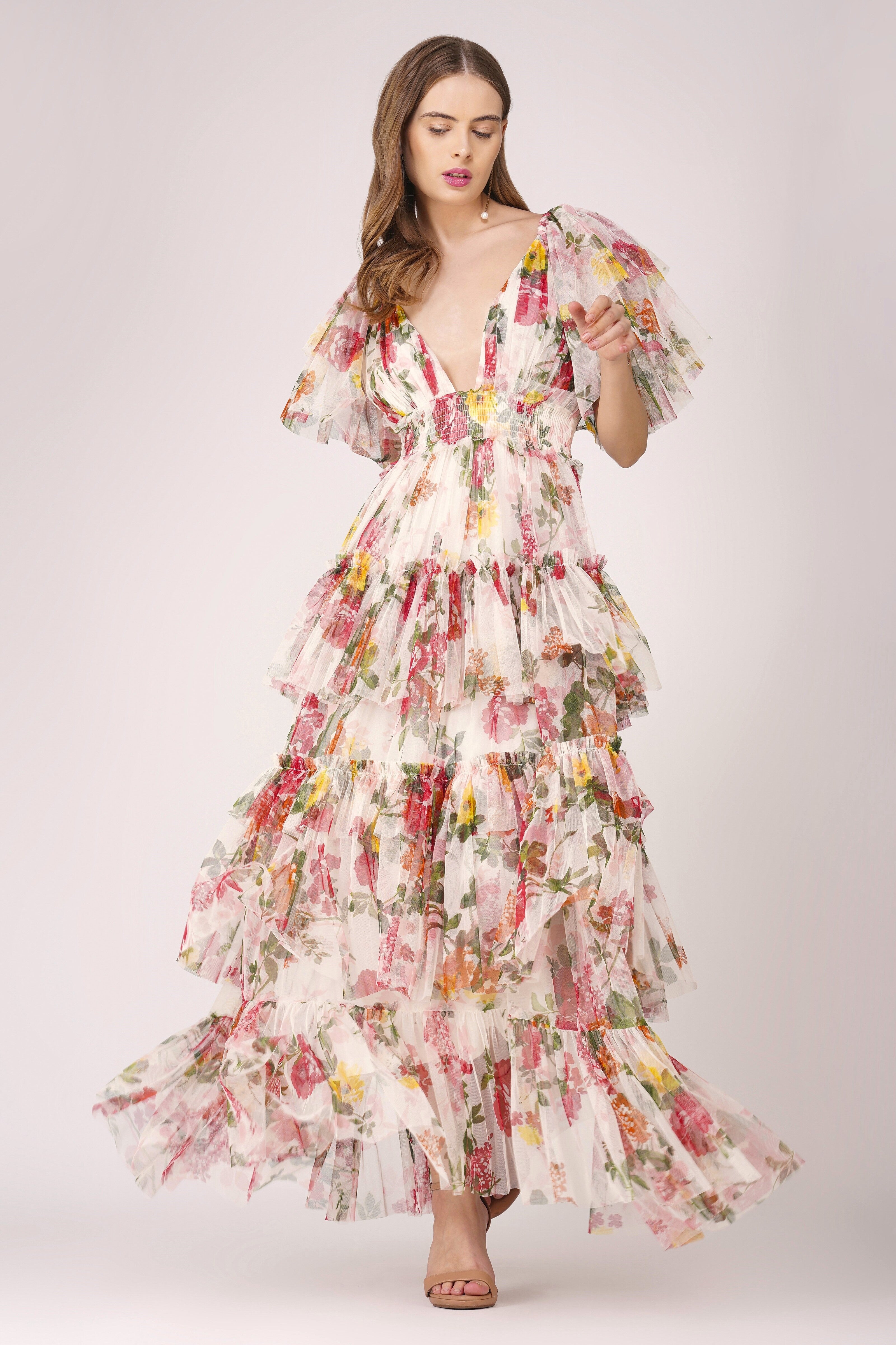 Jasmine Soft Tulle Maxi Dress in Floral Print