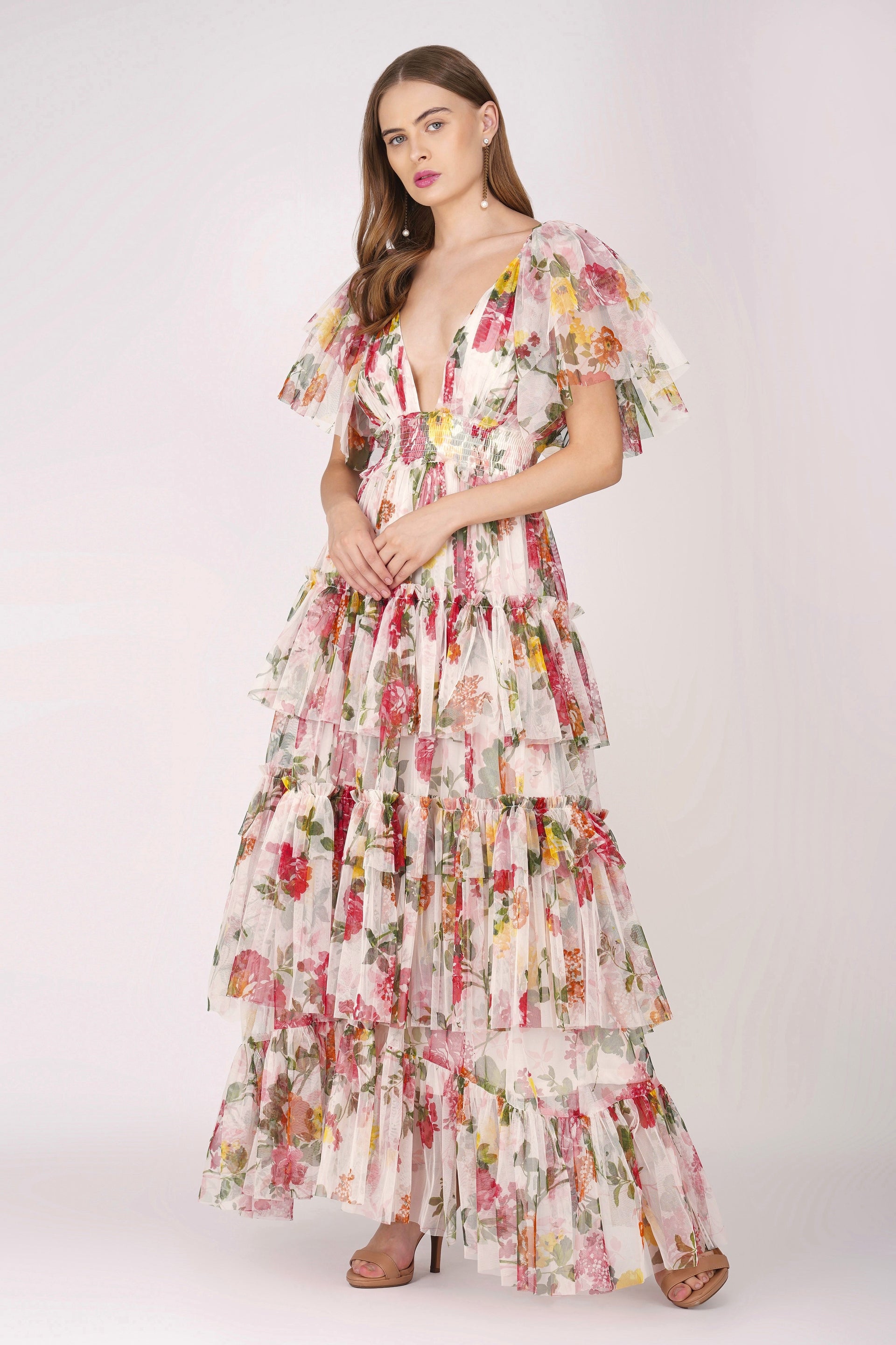 Jasmine Soft Tulle Maxi Dress in Floral Print