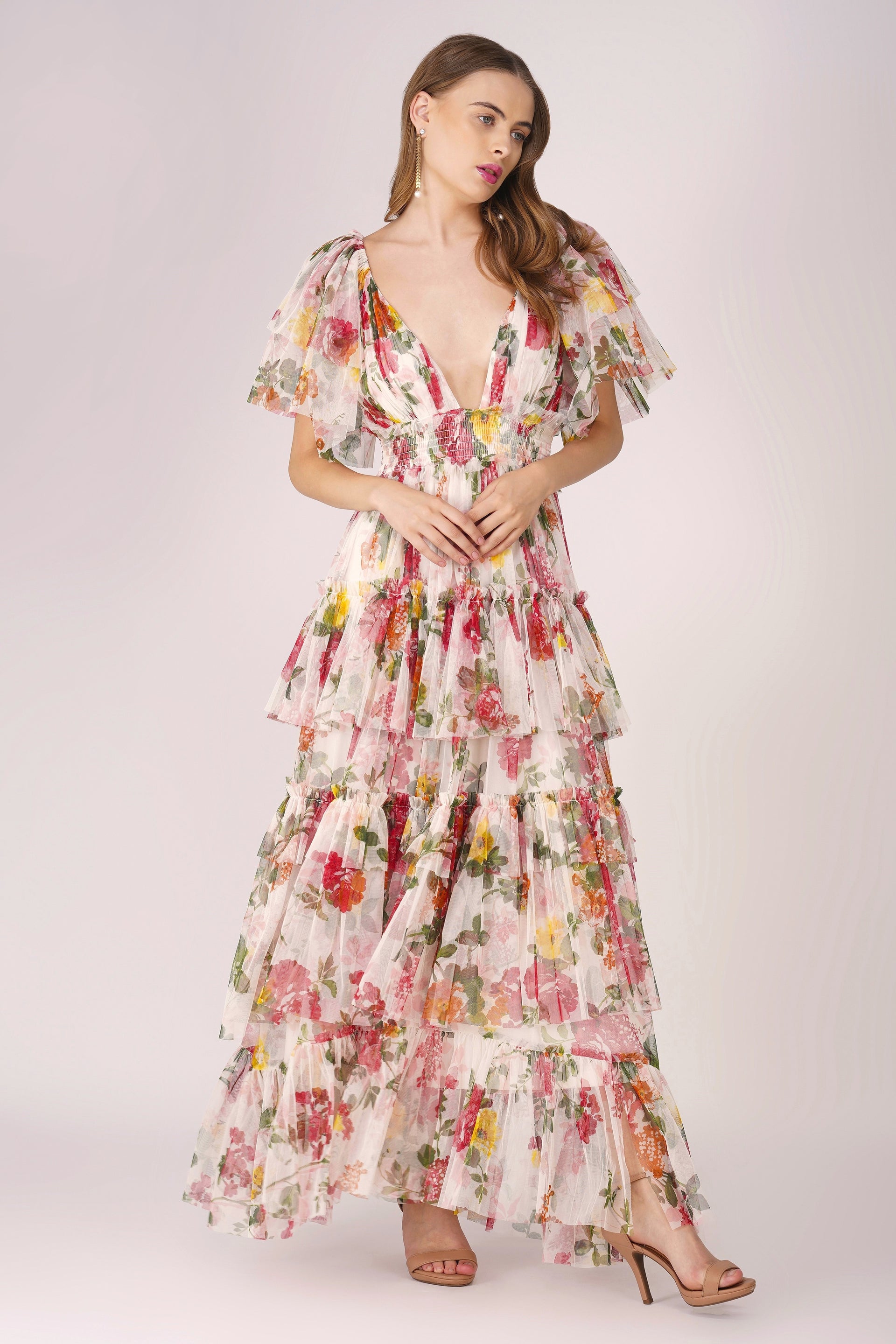 Jasmine Soft Tulle Maxi Dress in Floral Print