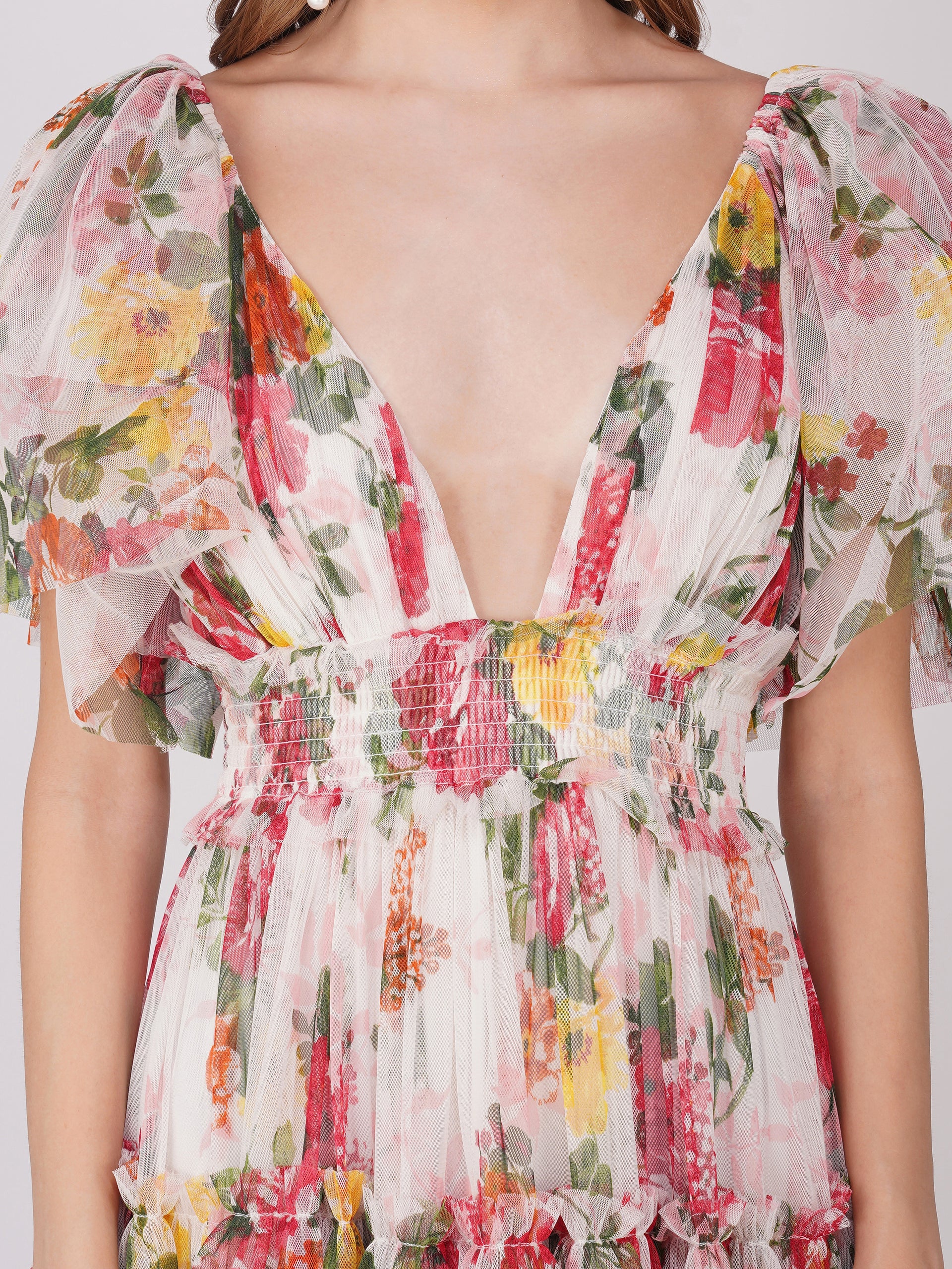 Jasmine Soft Tulle Maxi Dress in Floral Print