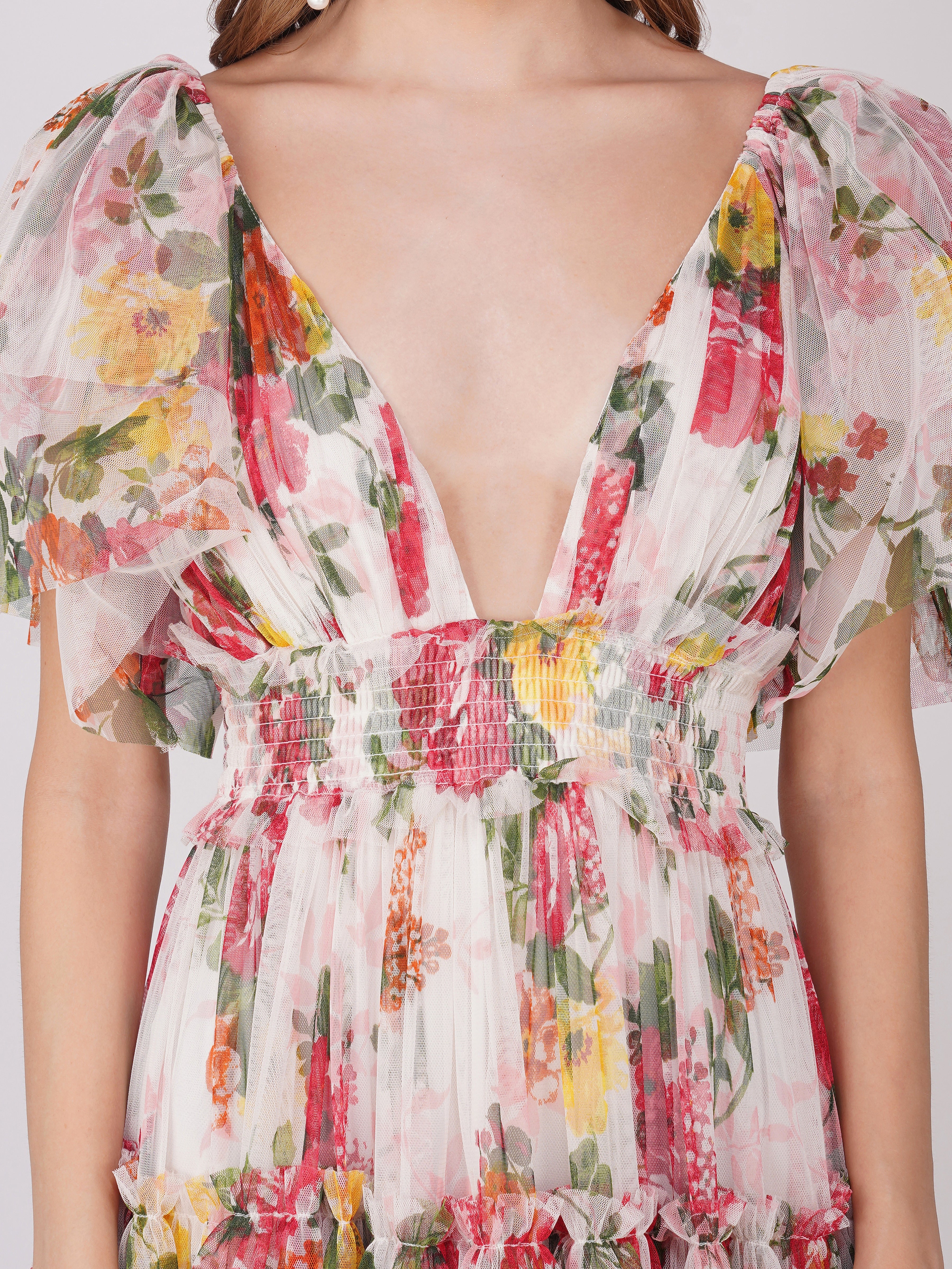 Jasmine Soft Tulle Maxi Dress in Floral Print