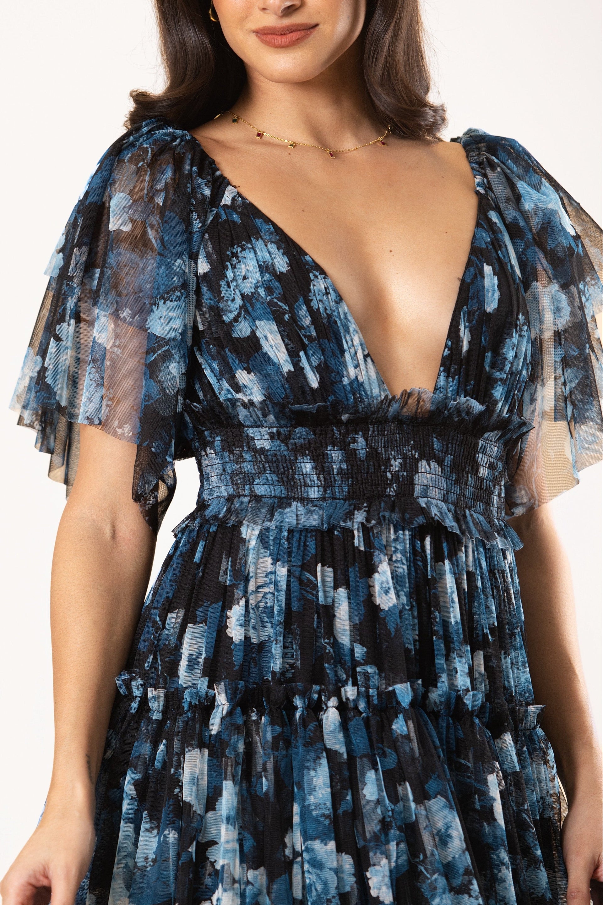 Jasmine Soft Tulle Maxi Dress in Blue Floral