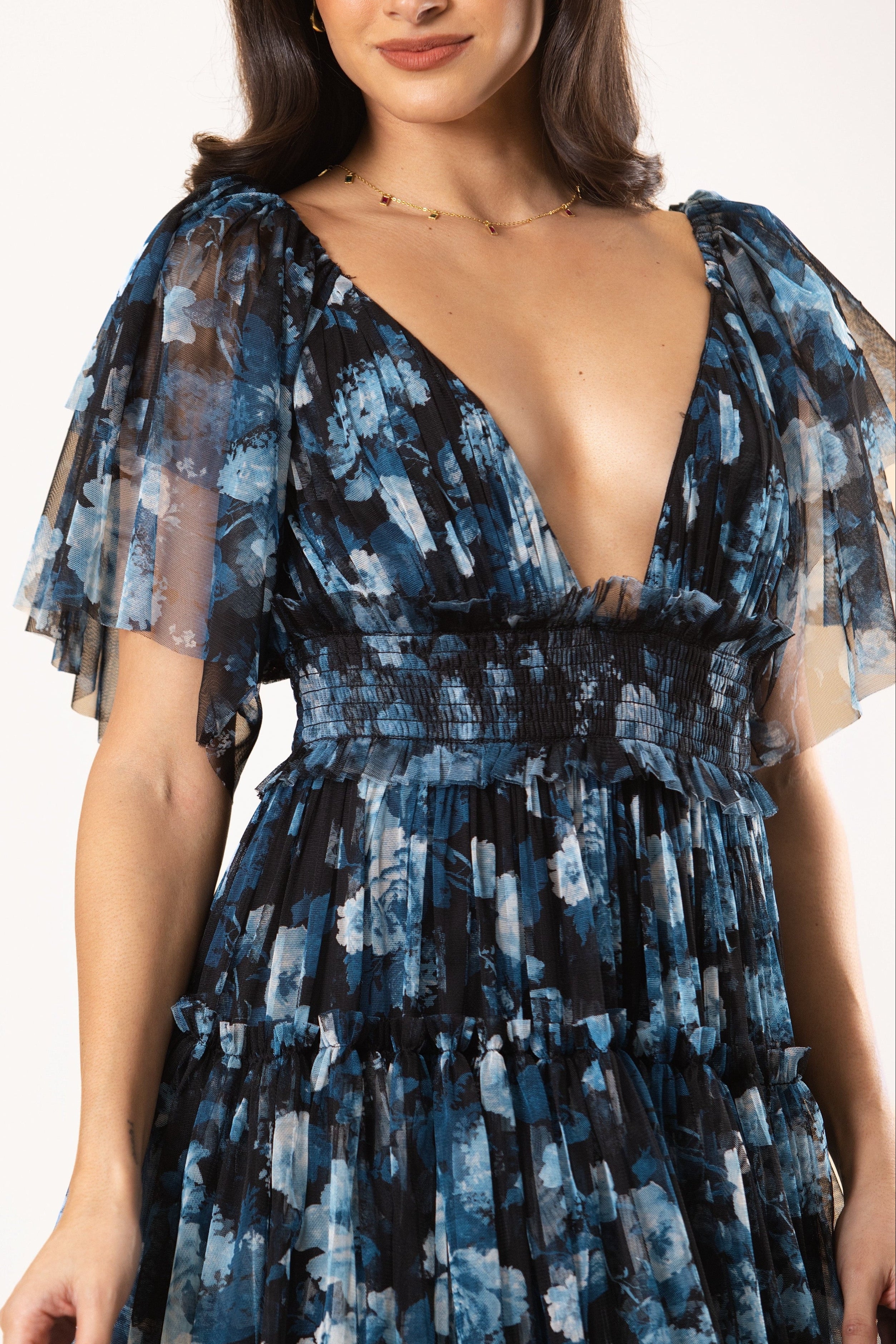 Jasmine Soft Tulle Maxi Dress in Blue Floral