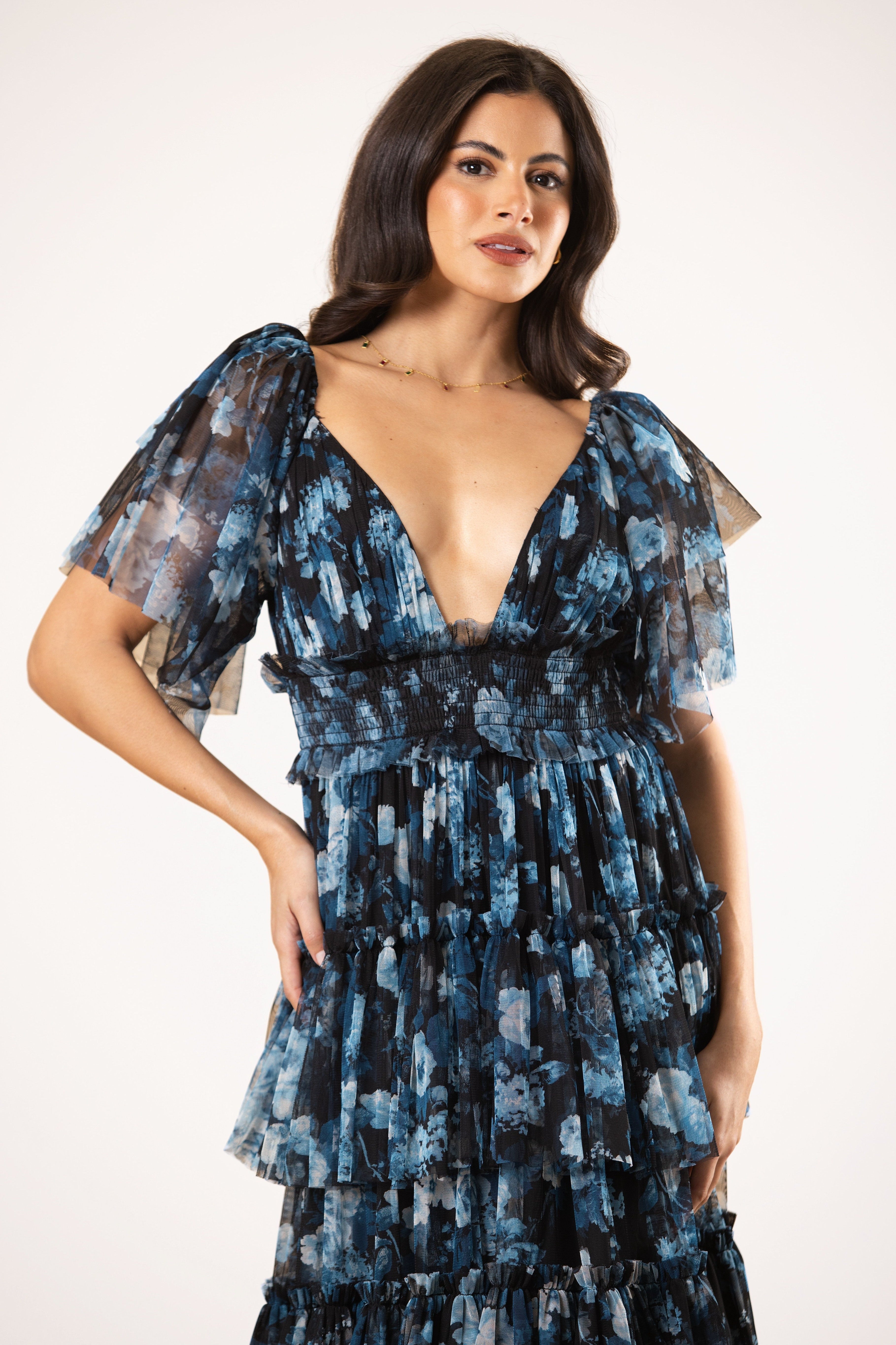 Jasmine Soft Tulle Maxi Dress in Blue Floral
