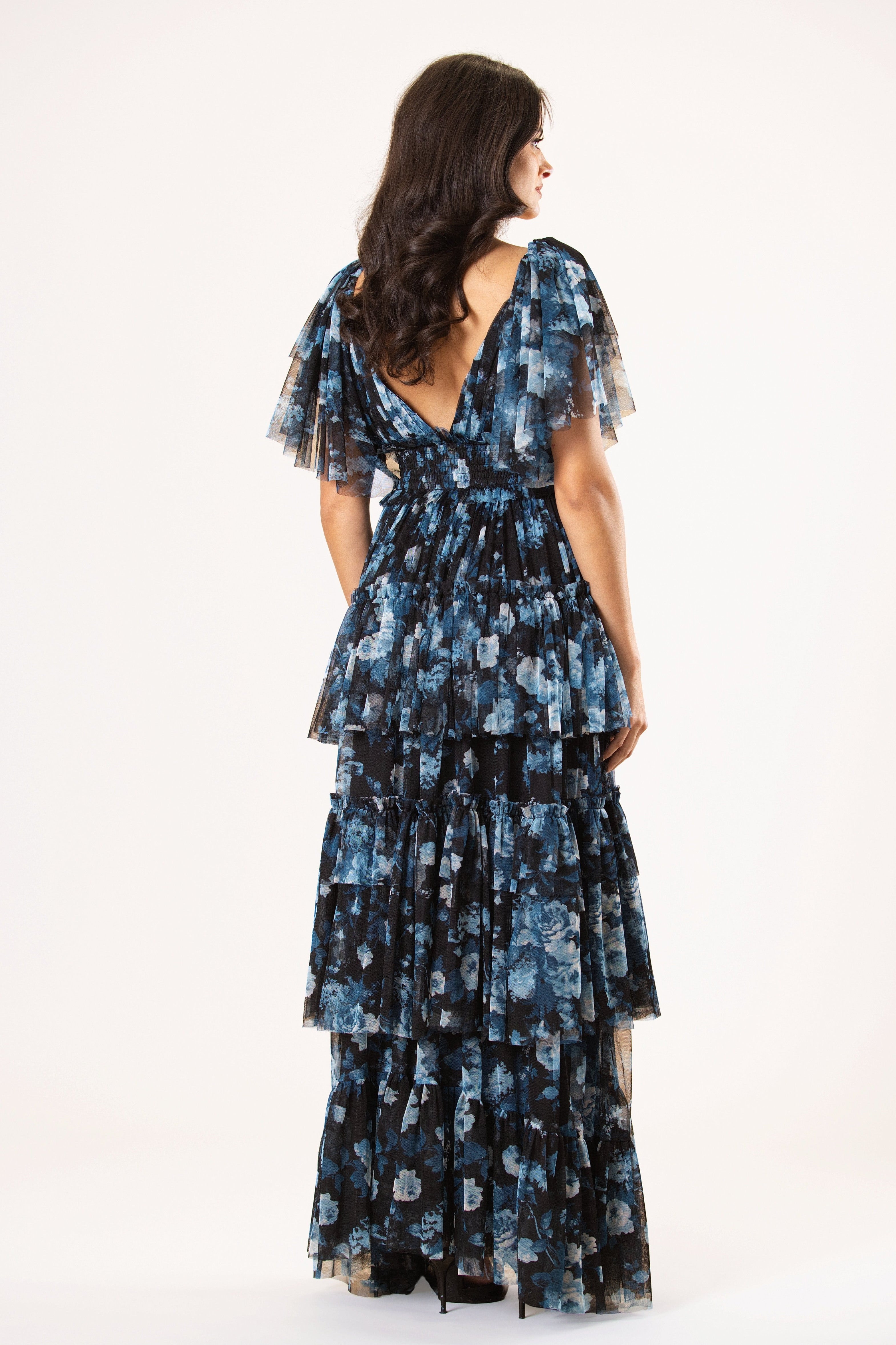 Jasmine Soft Tulle Maxi Dress in Blue Floral