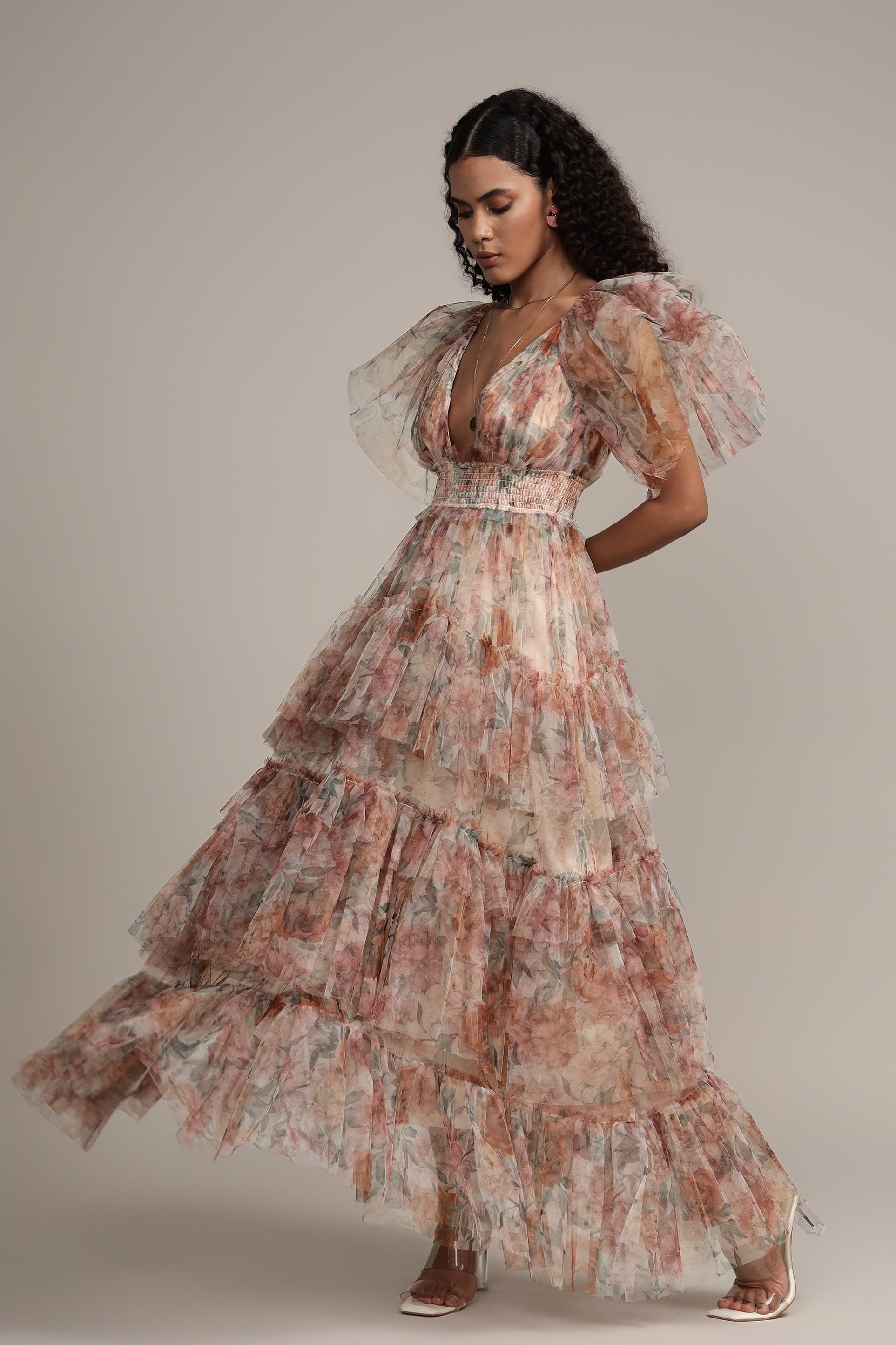 Jasmine Stiff Tulle Maxi Dress in Brown Floral Print